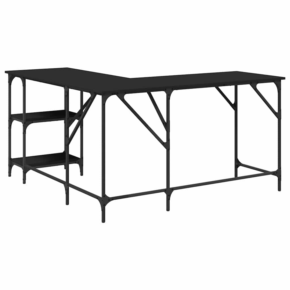 Ein schwarzer L-förmiger Schreibtisch mit einem dreistufigen Regal links. Der Schreibtisch hat ein Metallgestell.