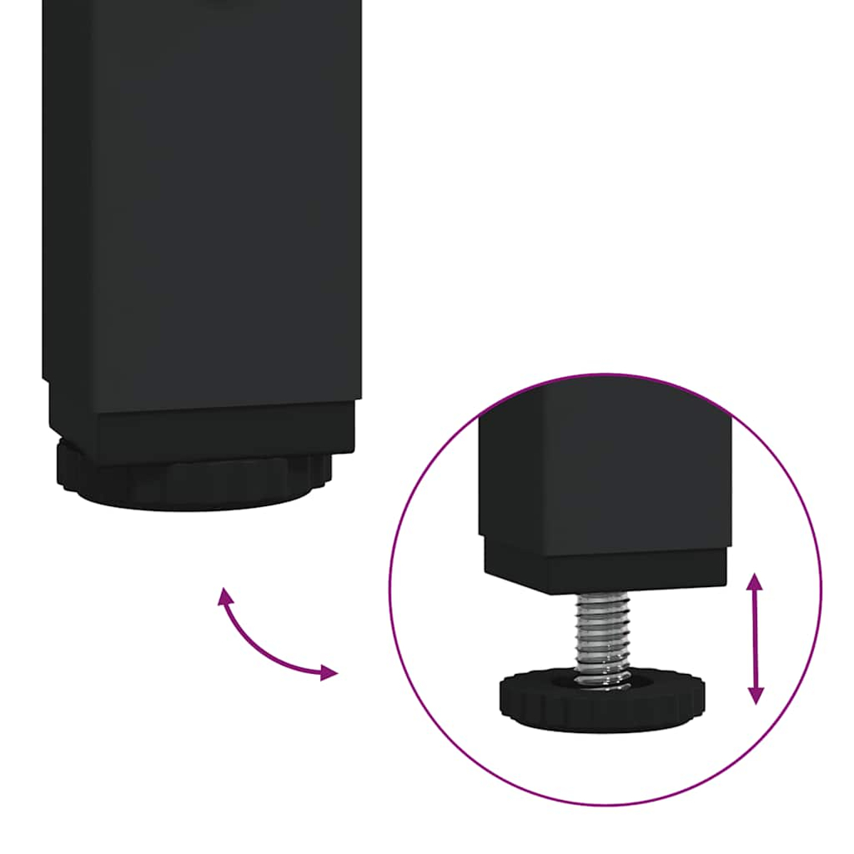 Das Bild zeigt ein schwarzes, verstellbares Tischbein. Eine Nahaufnahme zeigt den Schraubenmechanismus und die Einstellmöglichkeiten.