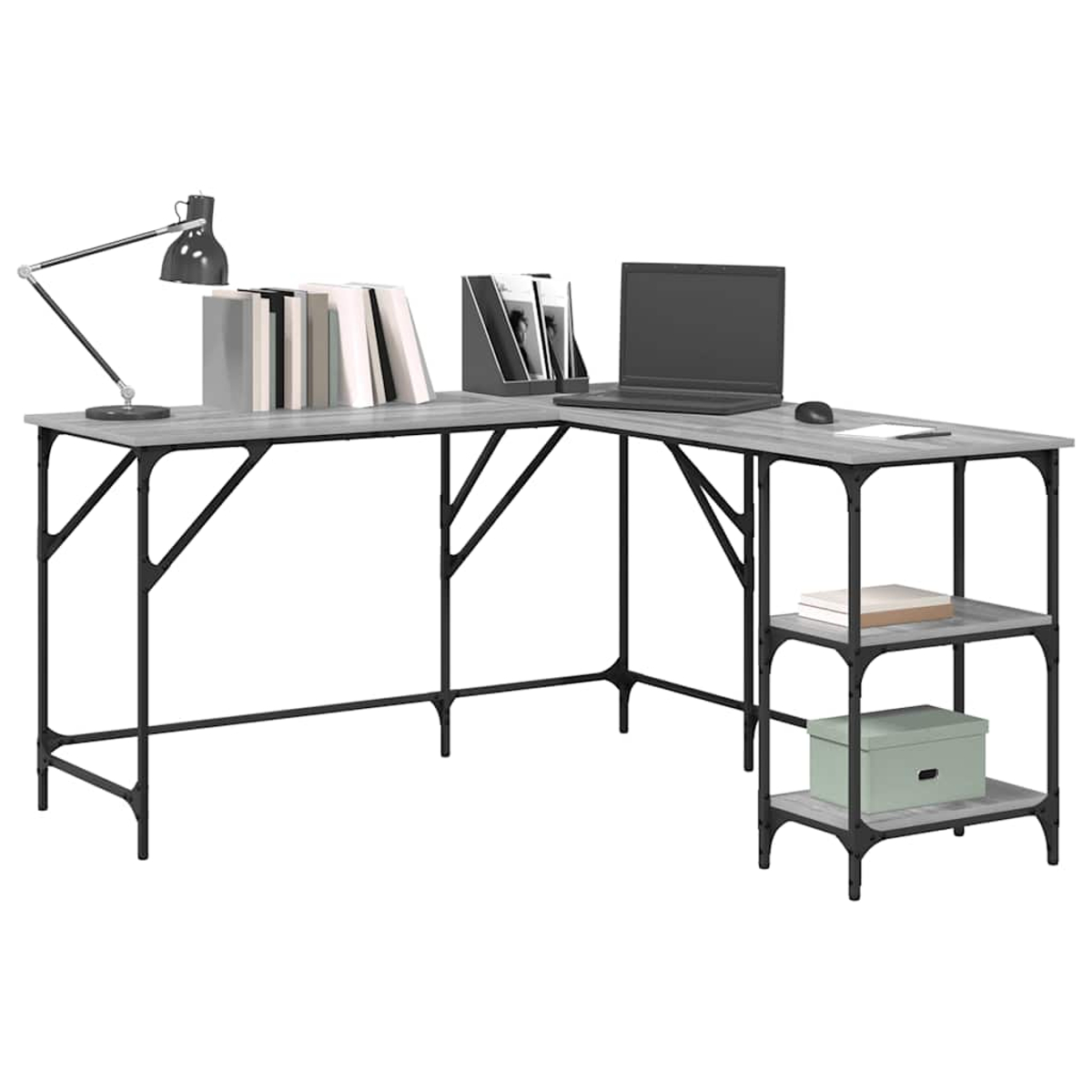 Ein L-förmiger Schreibtisch mit Laptop, Lampe, Büchern und Stauraum. Der Schreibtisch hat eine graue Platte und ein schwarzes Metallgestell.