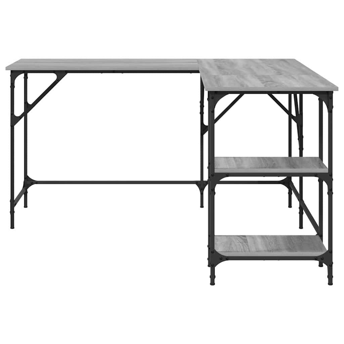 Ein L-förmiger Schreibtisch mit grauen Oberflächen in Holzoptik. Schwarzes Metallgestell stützt den Tisch und zwei Regale.