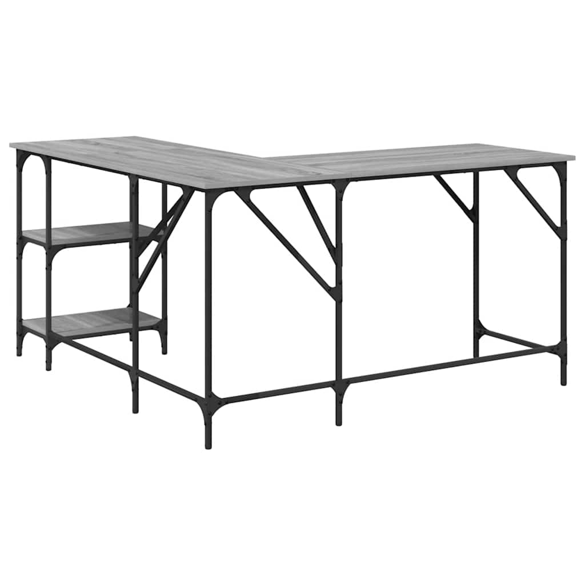 Ein L-förmiger Schreibtisch mit grauer Holzplatte und schwarzem Metallrahmen. Er hat zwei Regale auf einer Seite.