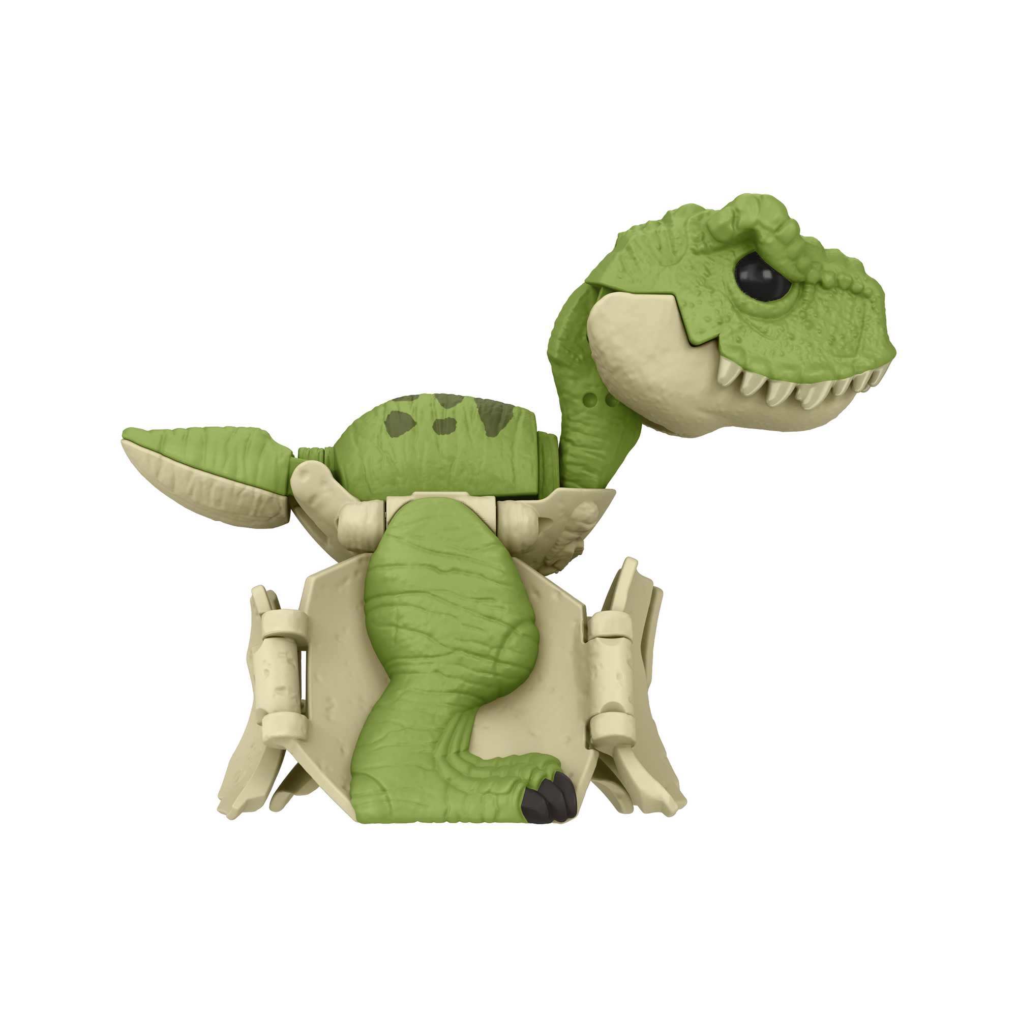 Ein grünes Tyrannosaurus Rex-Spielzeug mit beigen Akzenten. Es ist teilweise zusammengebaut, mit offenem Mund und schwarzem Auge.
