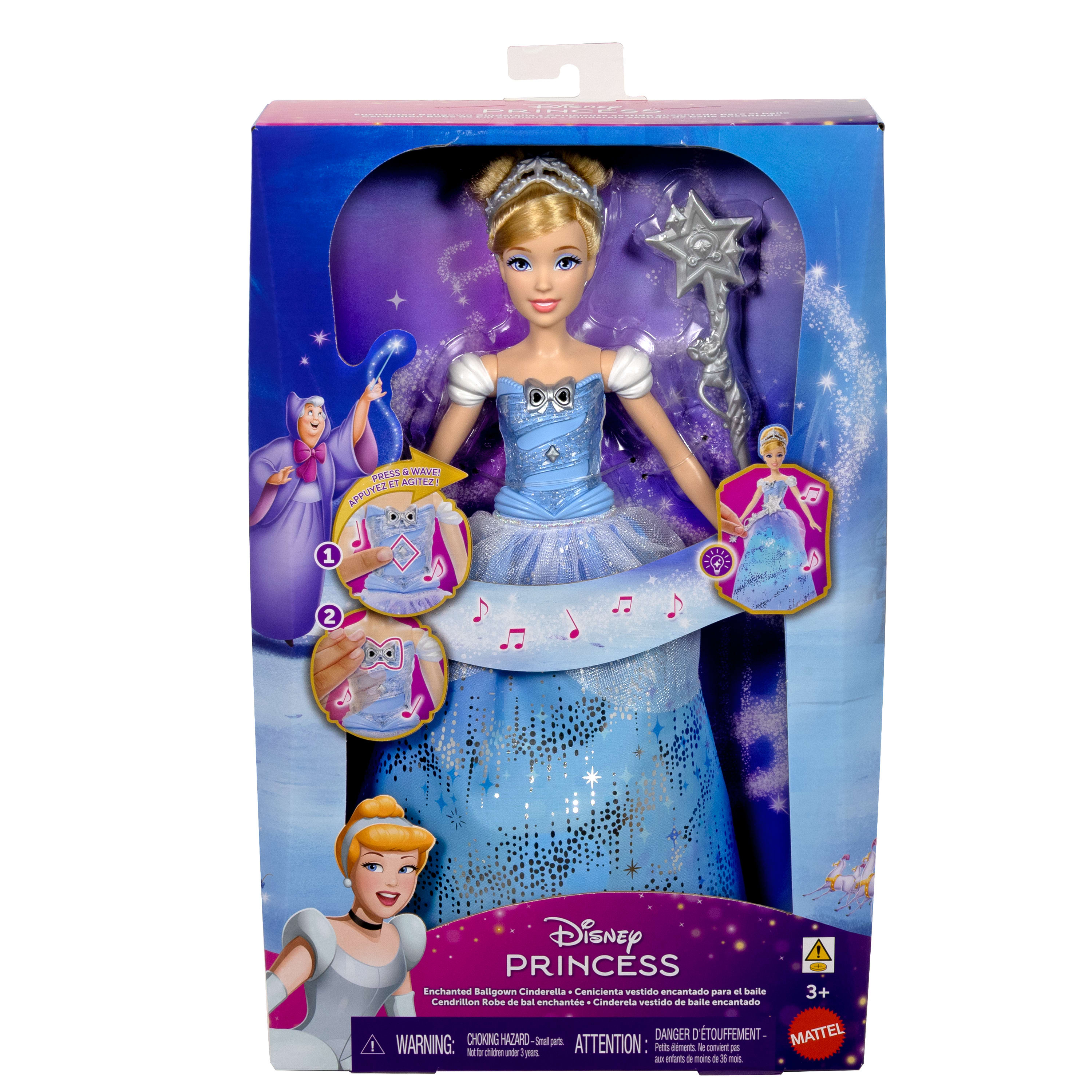 Verpackte Cinderella-Puppe. Die Box zeigt Cinderella in einem blauen Kleid, mit einem Zauberstab und Bildern.