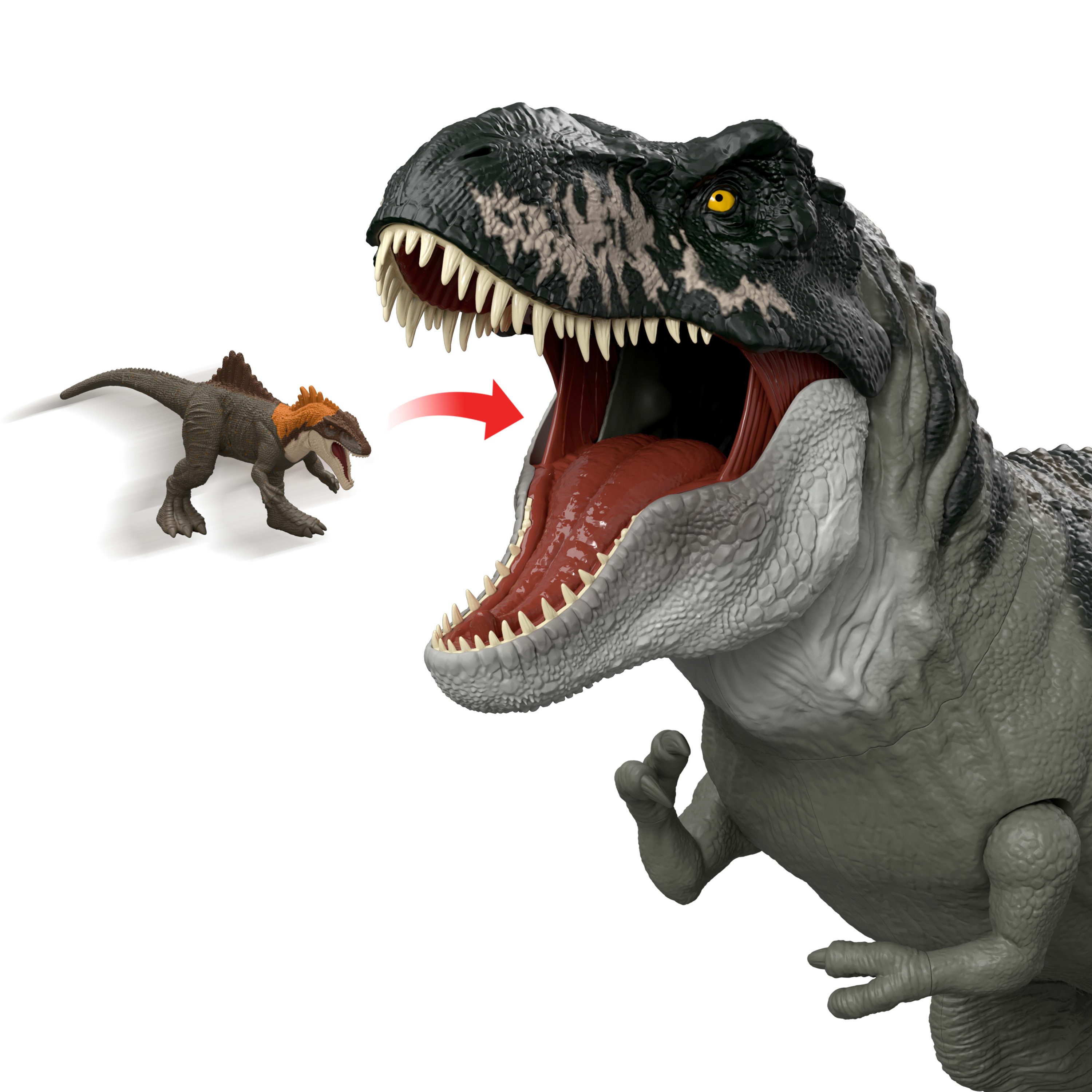 Ein T-Rex-Spielzeug mit offenem Maul kurz davor, ein Spinosaurus-Spielzeug zu fressen. Ein roter Pfeil zeigt die Bewegung.