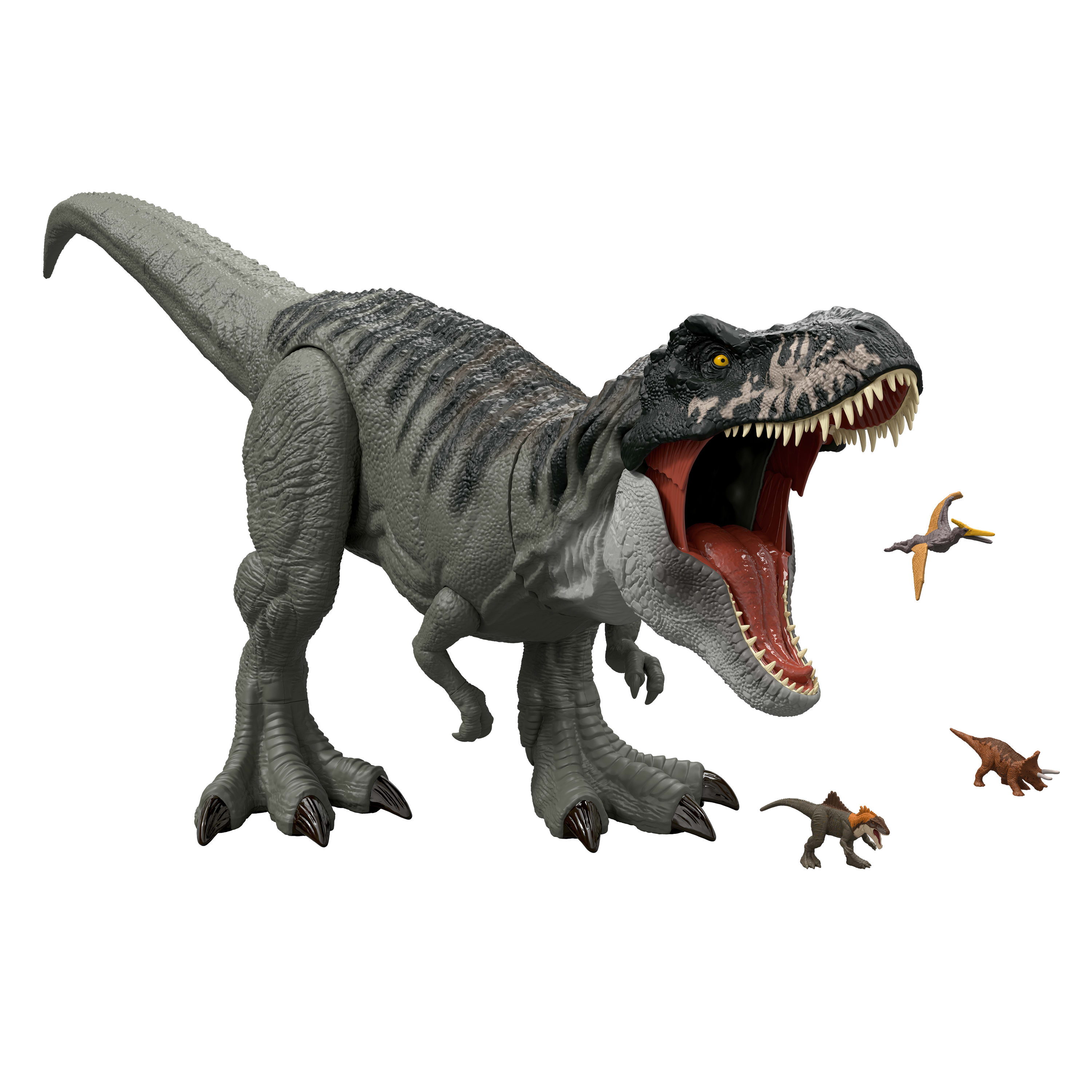Ein graues T-Rex-Spielzeug mit offenem Maul und drei kleineren Dinosaurierspielzeugen. Weißer Hintergrund.