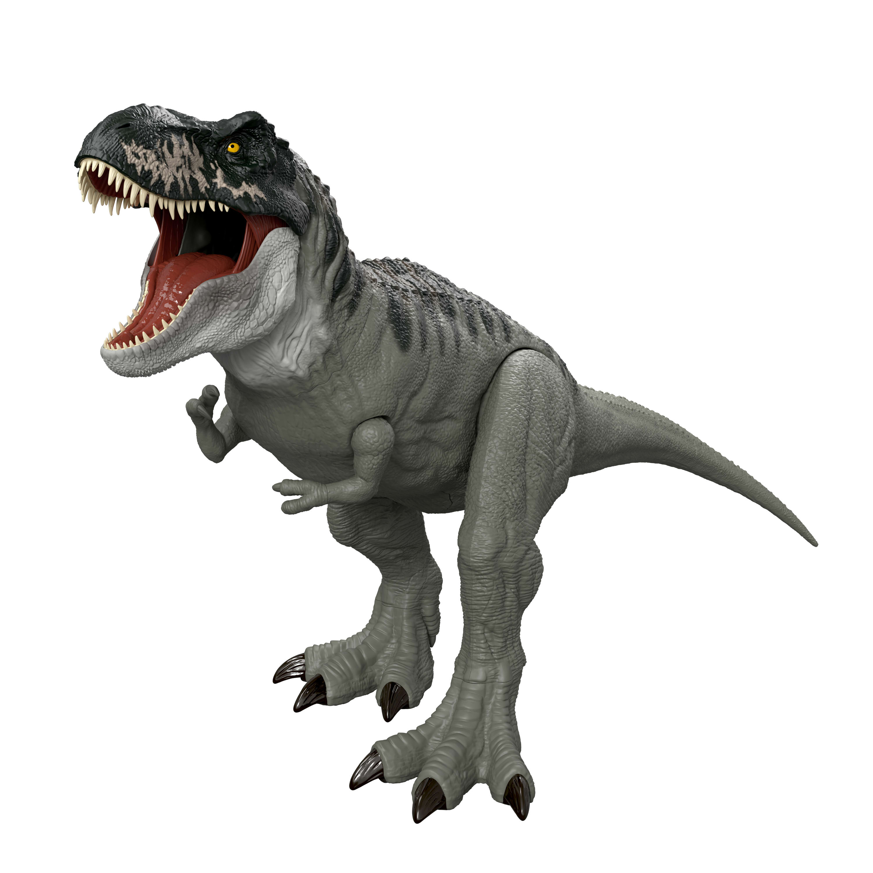 Ein graues T-Rex-Spielzeug mit offenem Maul, das Zähne und einen roten Innenraum zeigt, steht vor weißem Hintergrund.