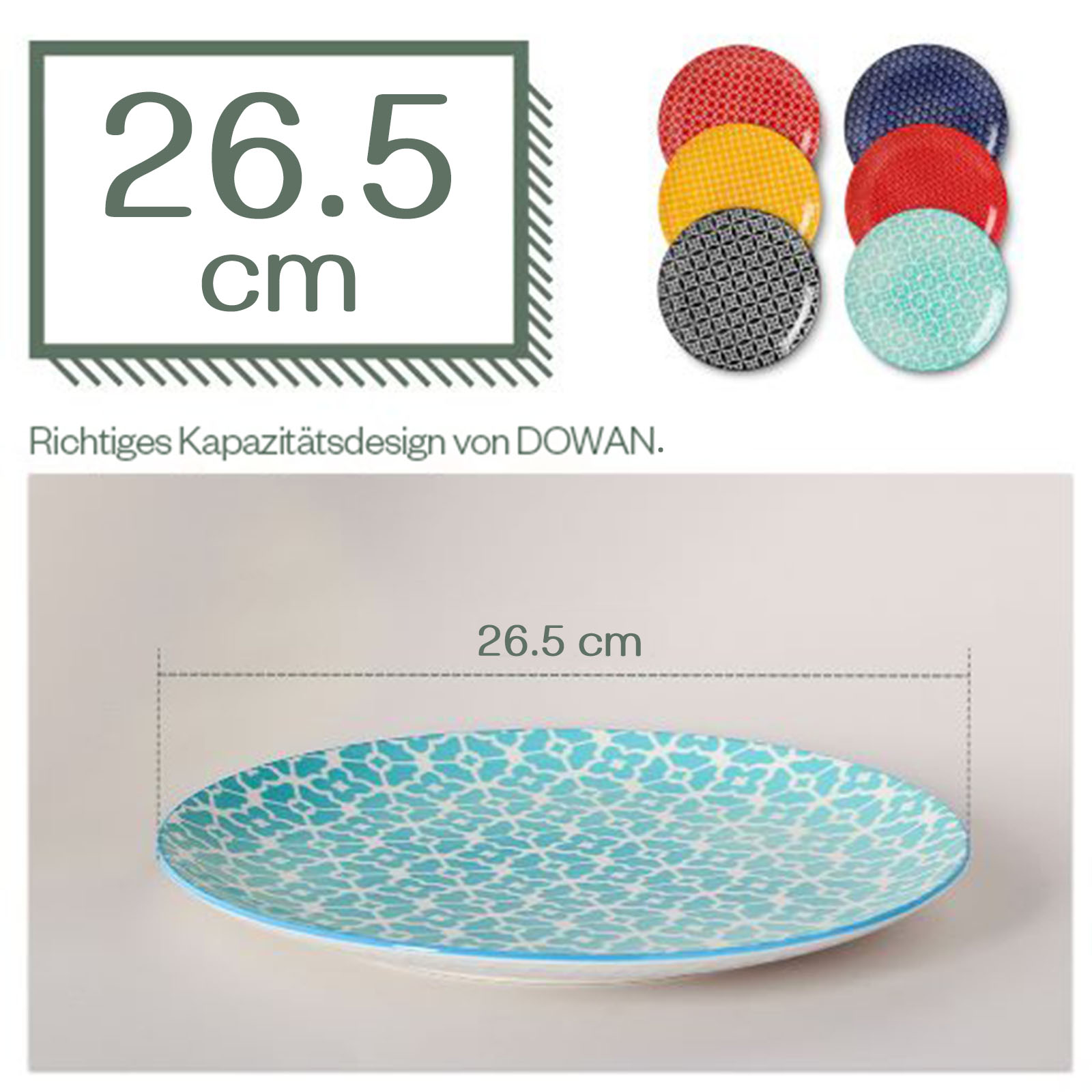 Ein Teller mit blauem und weißem Design, 26,5 cm. Im Hintergrund sind sechs Teller mit verschiedenen Mustern und Farben.