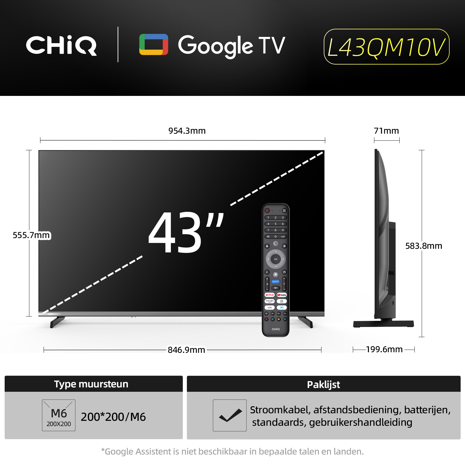 Een 43-inch tv met afstandsbediening, afmetingen en specificaties worden weergegeven. De tv is een CHiQ Google TV met een zwart scherm.