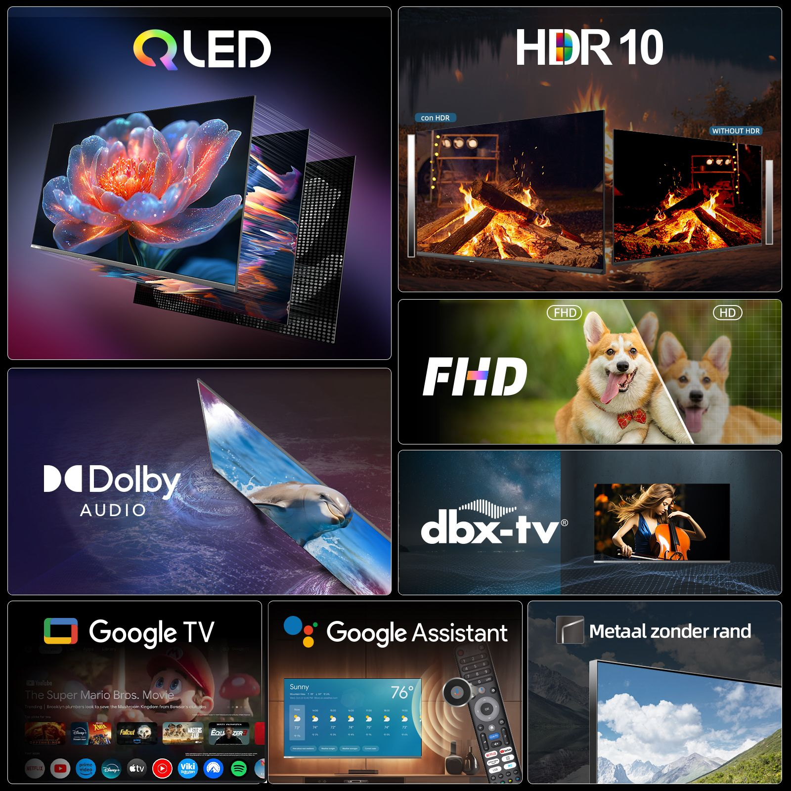 Een promotieafbeelding met een QLED-tv met functies als HDR10, Dolby Audio en Google TV. Toont verschillende weergavescenario's.