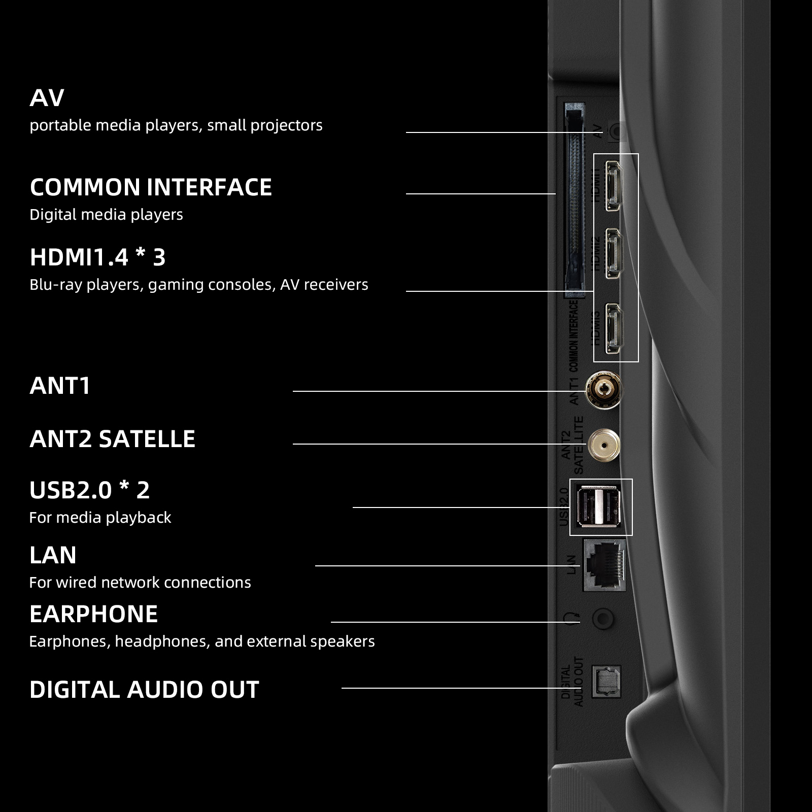 Close-up van tv-poorten: HDMI, USB, LAN, audio-uitgang. Labels zijn AV, common interface en oortelefoon.