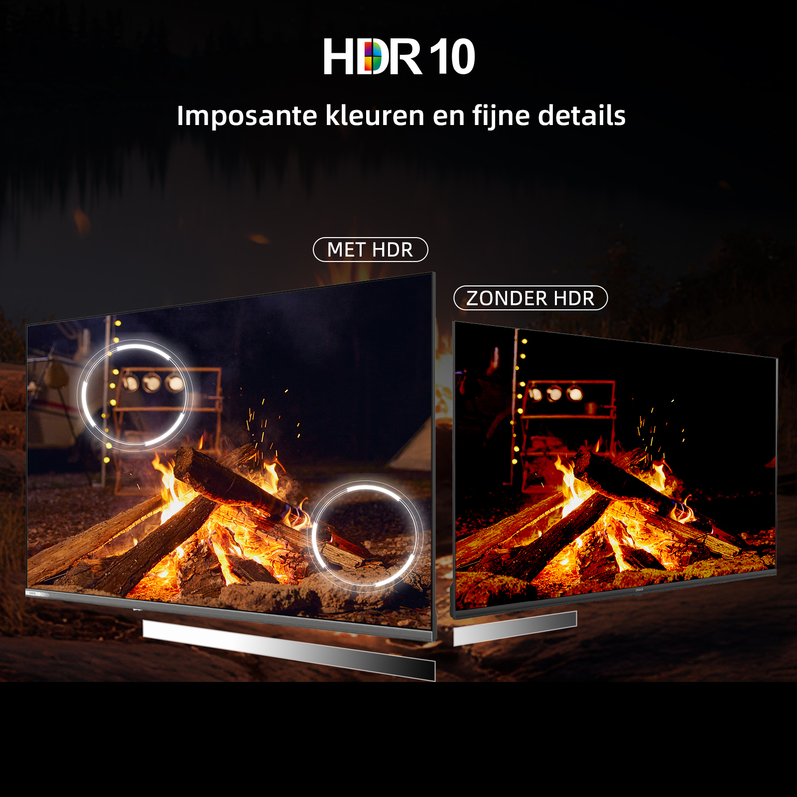 Twee tv's tonen kampvuurscènes, één met HDR. Tekst zegt 'HDR 10' en 'Imposante kleuren en fijne details'.