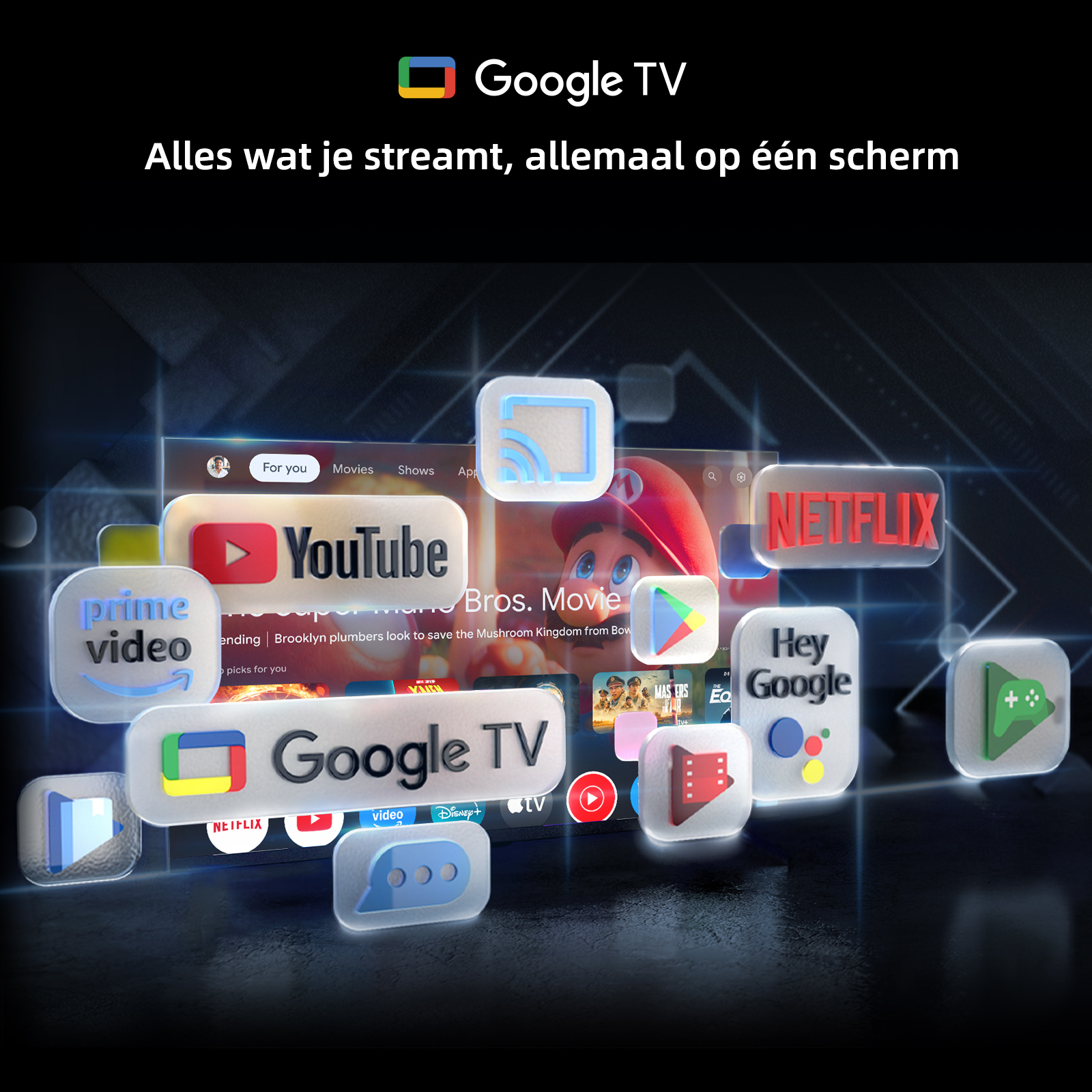 Google TV-interface met app-pictogrammen: Netflix, YouTube, Prime Video. De achtergrond is een donker, tech-thema-ontwerp.