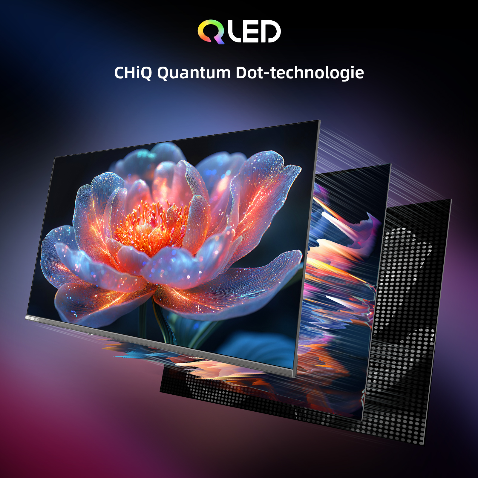 Een QLED-tv toont een bloem met levendige kleuren. De tv is gelabeld met 'CHiQ Quantum Dot-technologie'.