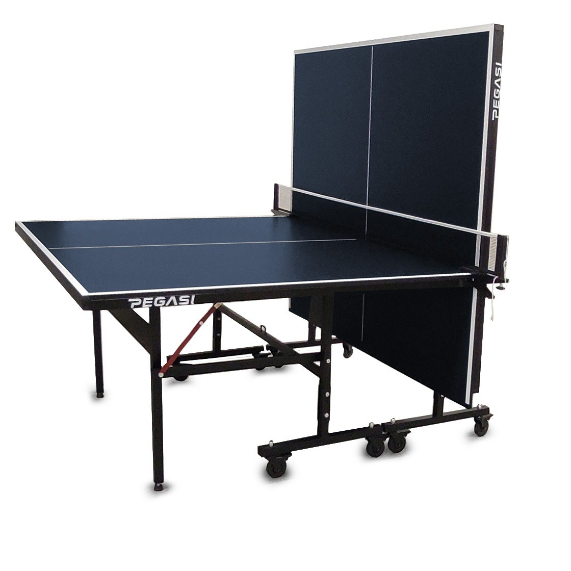 A dark blue ping pong table with a net, wheels, and a backboard, set against a white background. The brand is Pegasi.