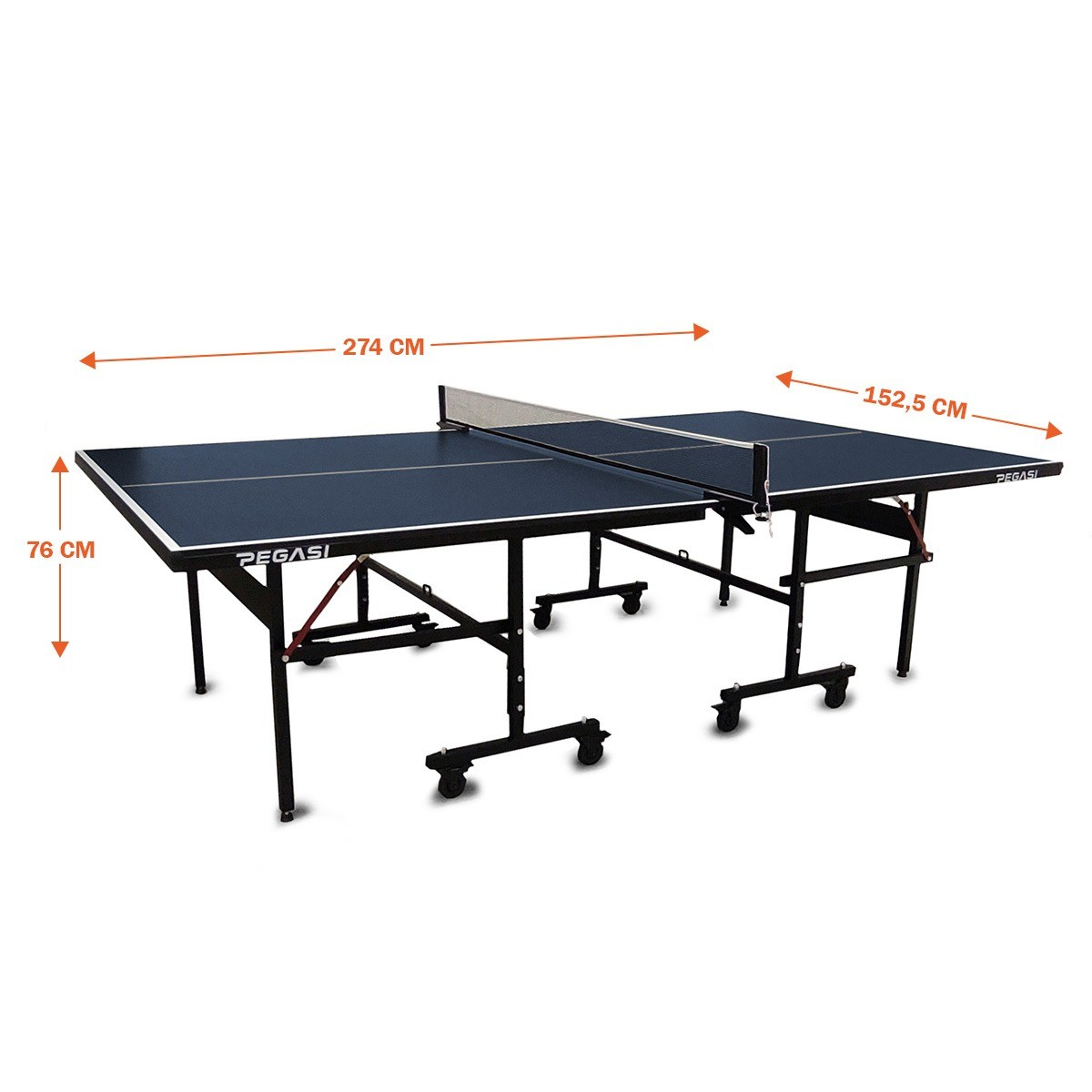 A dark blue ping pong table with a net in the middle. The table has black legs and wheels. Dimensions are shown.