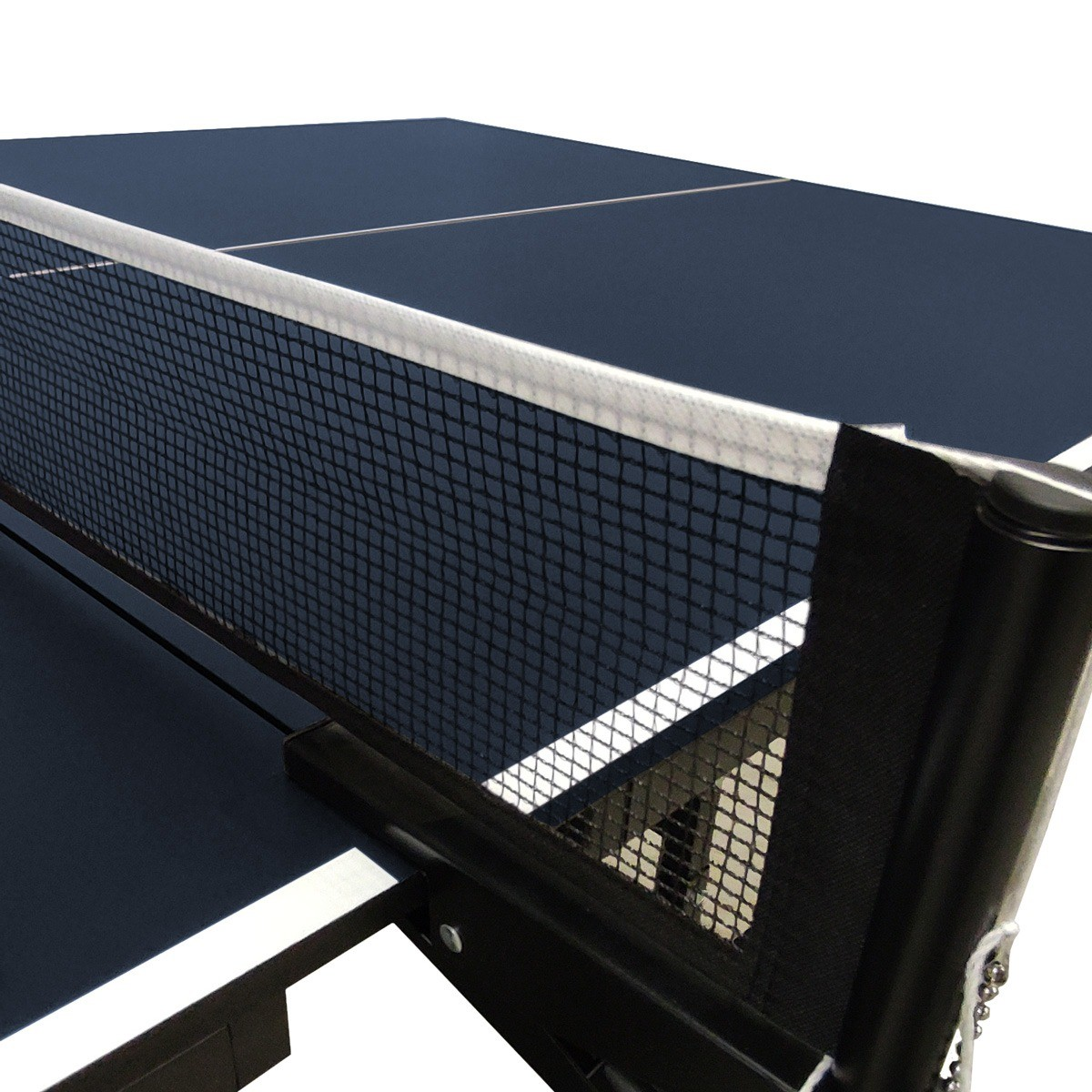 Close-up of a blue ping pong table with a black net. The net has a white top border. The table is partially visible.