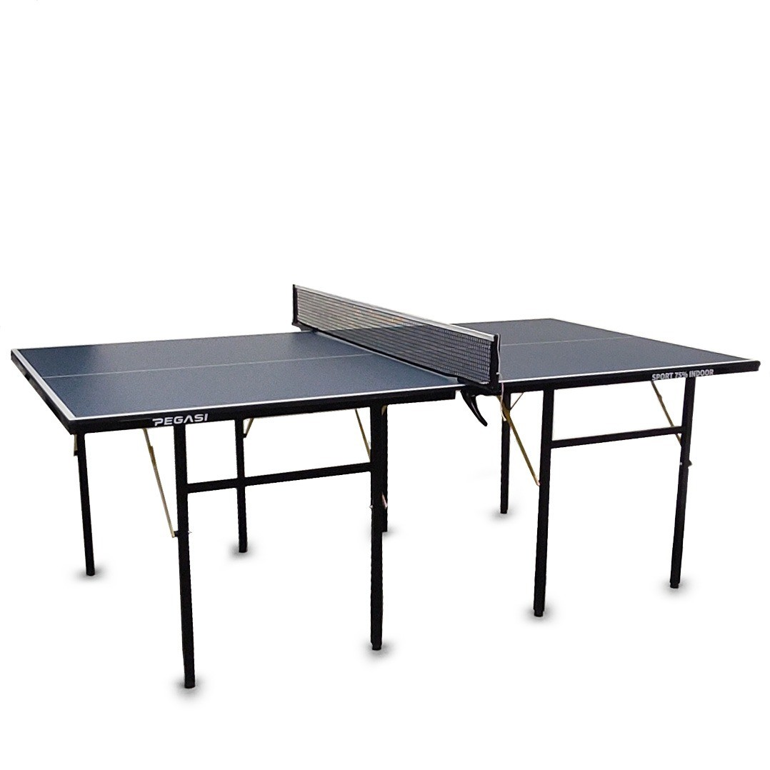Een pingpongtafel met een net in het midden. De tafel is zwart met een witte rand en heeft zwarte poten.