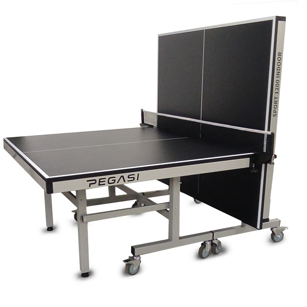 A black and silver Pegasi Sport 1200 indoor table tennis table. It has wheels and a net. The table is folded upright.