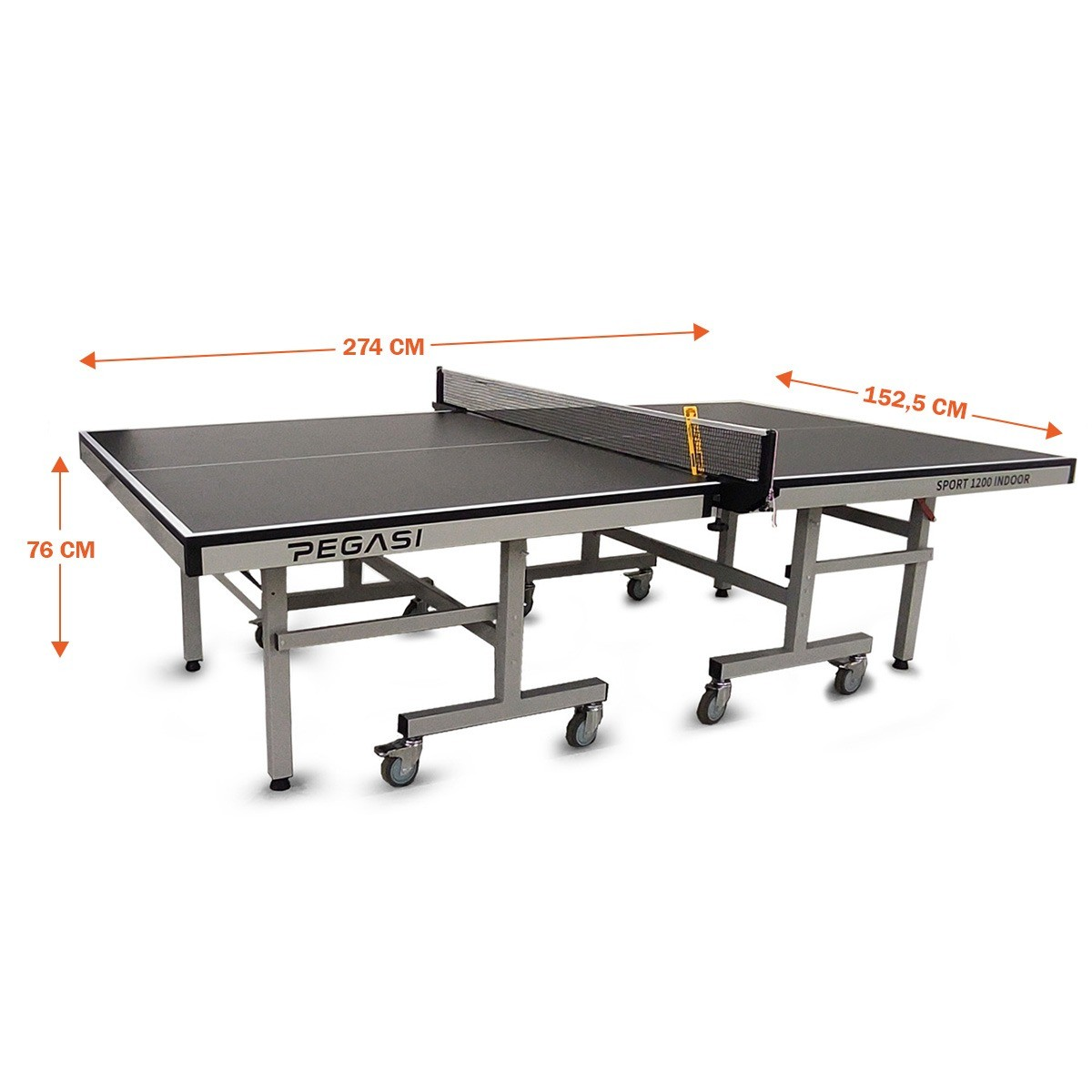 A ping pong table with dimensions labeled. The table is gray with a black playing surface and a net.