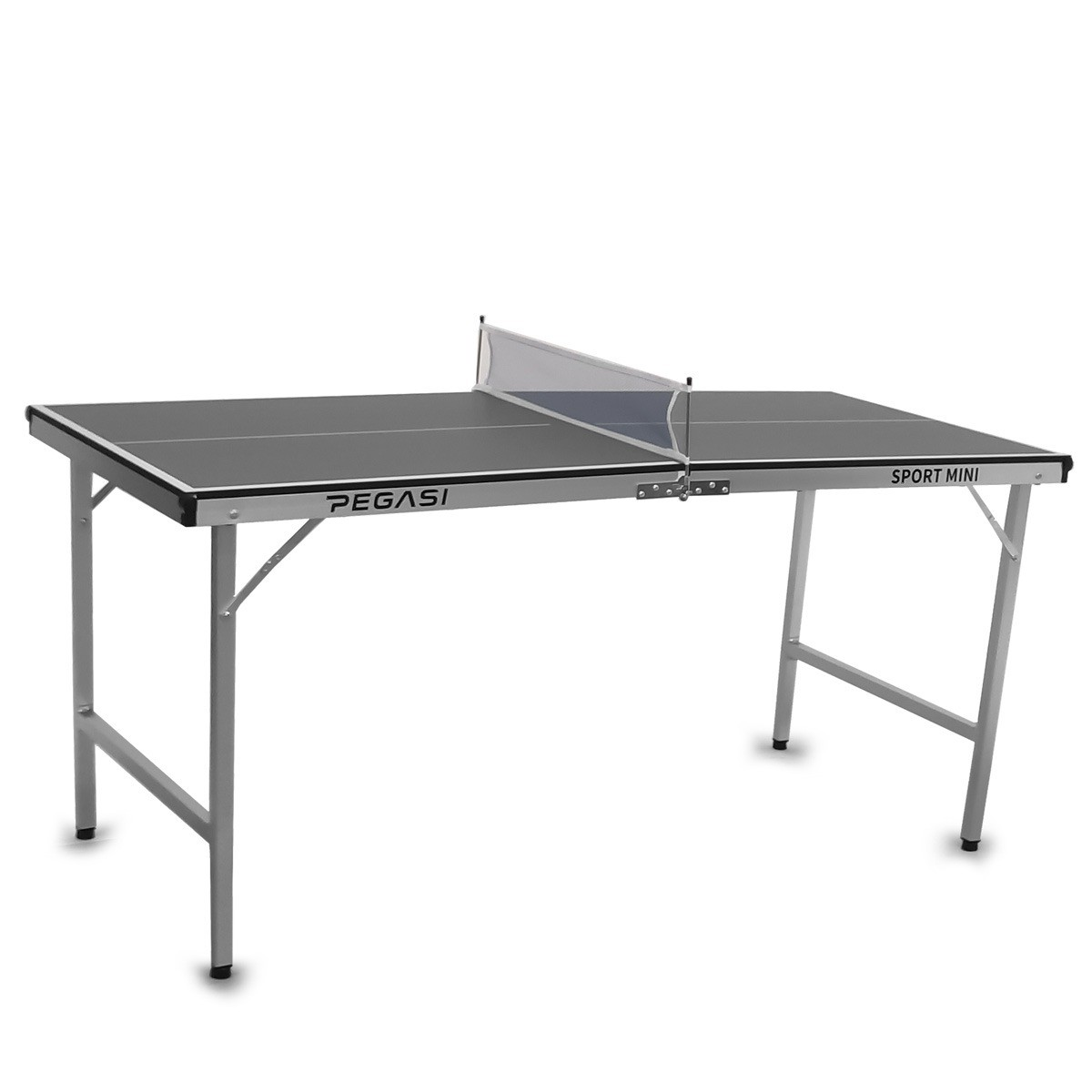 A gray and black mini ping pong table. It has a net in the middle and the name Pegasi on one side. The legs are silver.