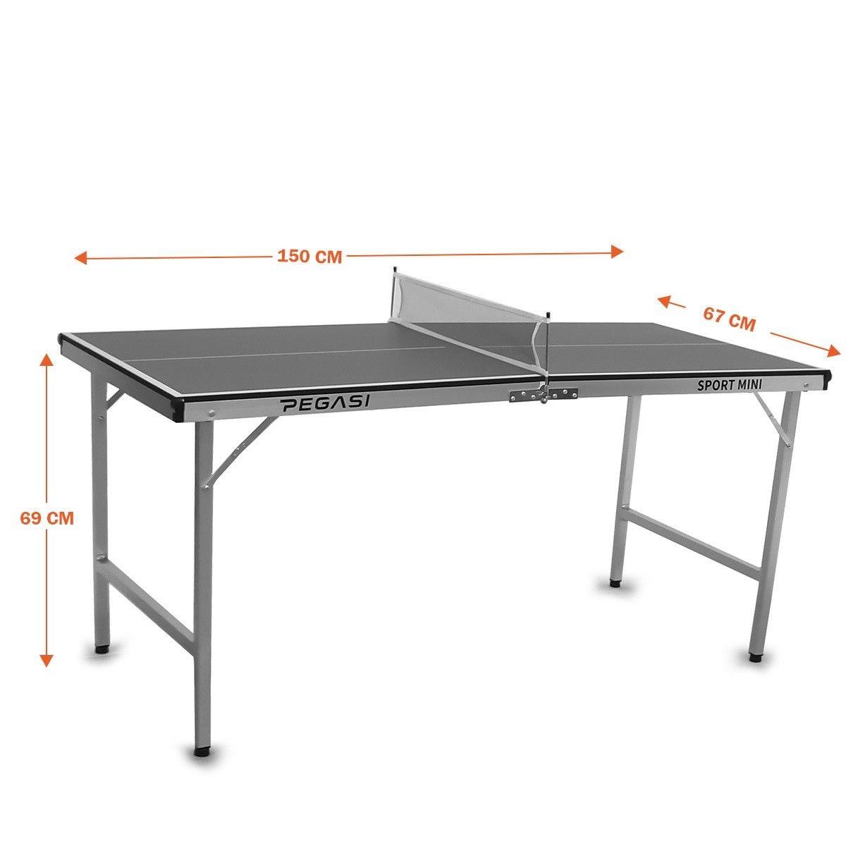 A gray ping pong table with black edges and a net. Measurements are labeled: 150cm long, 67cm wide, and 69cm high. The brand is Pegasi.
