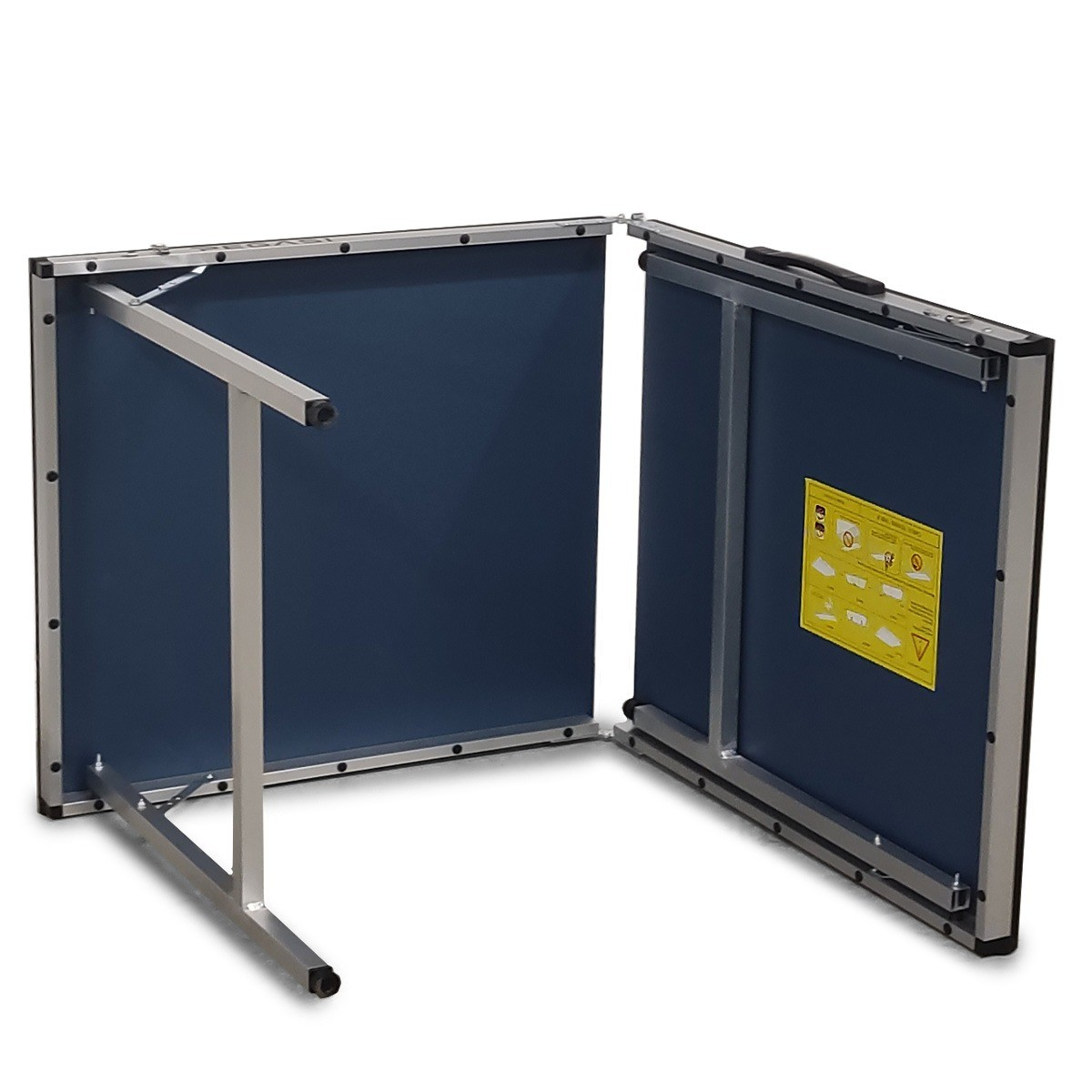 A folding ping pong table, navy blue surface with silver metal frame and legs. One side is open, displaying a yellow sticker.