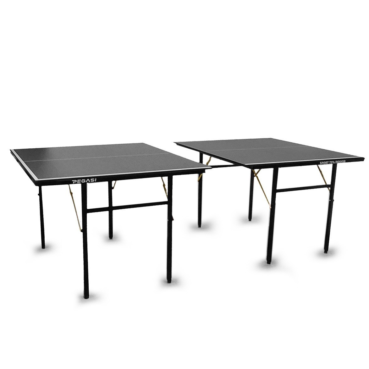 Two black ping pong tables are side by side, on a white background. Each has black legs and a gray surface.