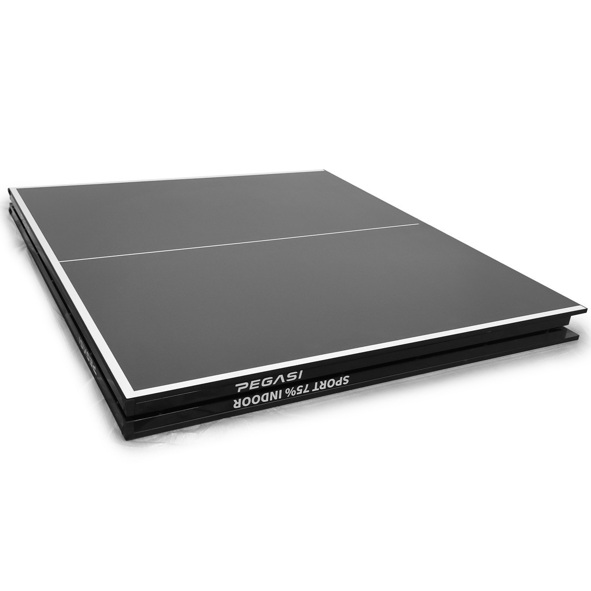 A folded, dark gray ping pong table with a white line down the center. Edges are white. Text reads 'SPORT 75% INDOOR' and 'PEGASI'.