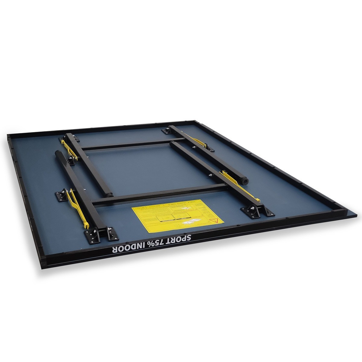 A blue table tennis table, with black metal legs and yellow support arms. It has a yellow information sheet on top.