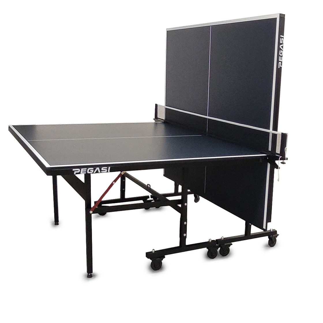 A dark blue table tennis table with a net, the brand name is Pegasi. The table is on wheels and has a backboard.