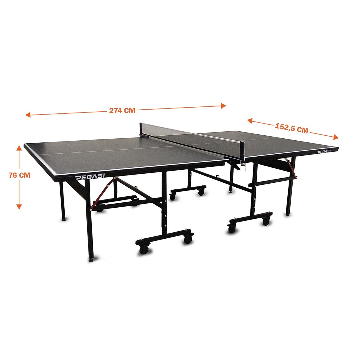 A black ping pong table with a net, dimensions are labeled. It has black legs with wheels and the brand name 'PEGASI'.