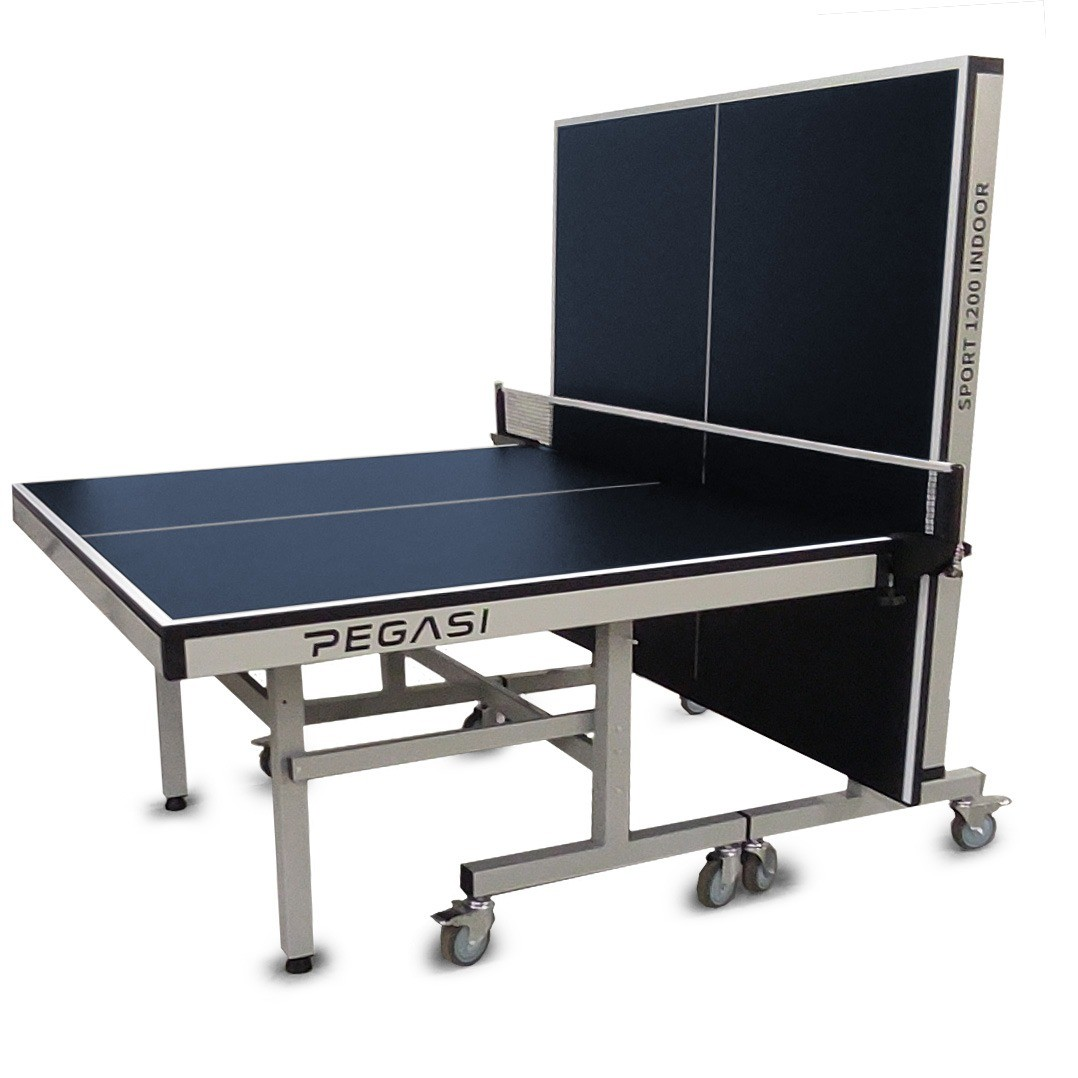 A dark blue ping pong table with a net, wheels, and a black backboard. The brand is Pegasi.