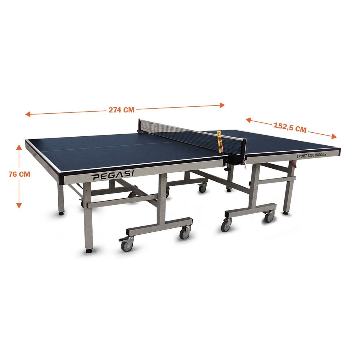 A blue ping pong table with a net, dimensions are labeled. Table has metallic legs and wheels. The brand name is Pegasi.