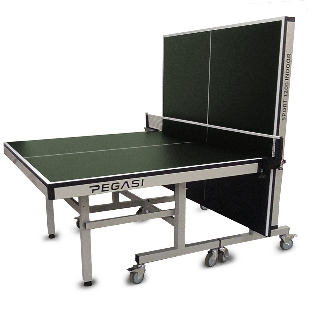 A green and black ping pong table with a net. The table has wheels and the brand name 'PEGASI' is visible.