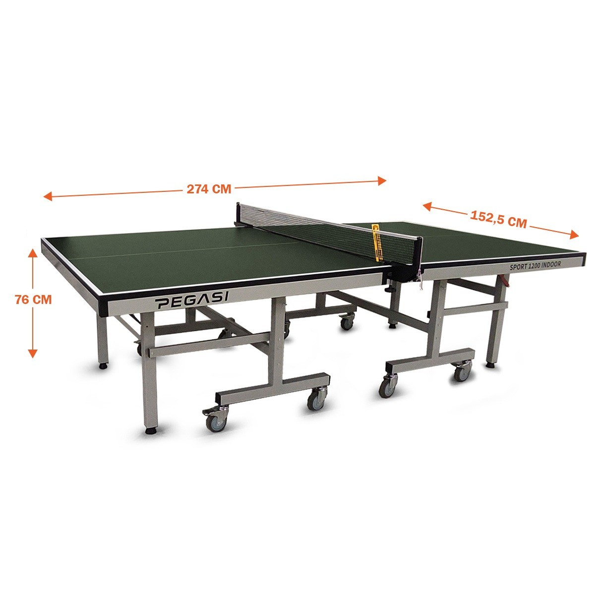 A green table tennis table with a net in the middle. Dimensions are indicated: 274cm long, 152.5cm wide, and 76cm high.