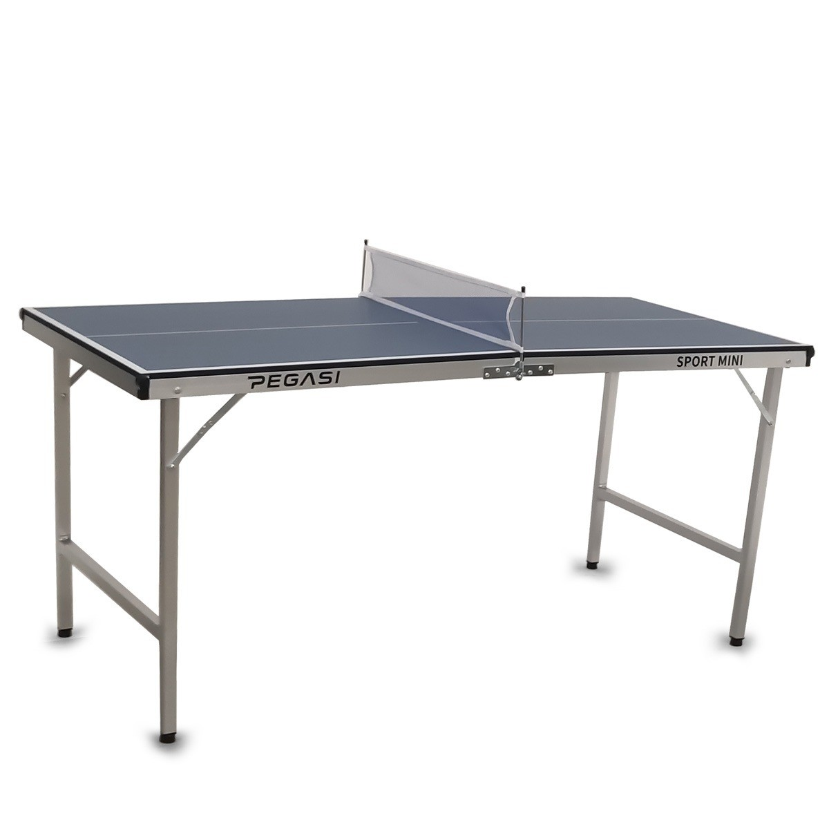 A blue ping pong table with a net, silver legs, and the word 'PEGASI' on the side. The surface is a dark blue color.