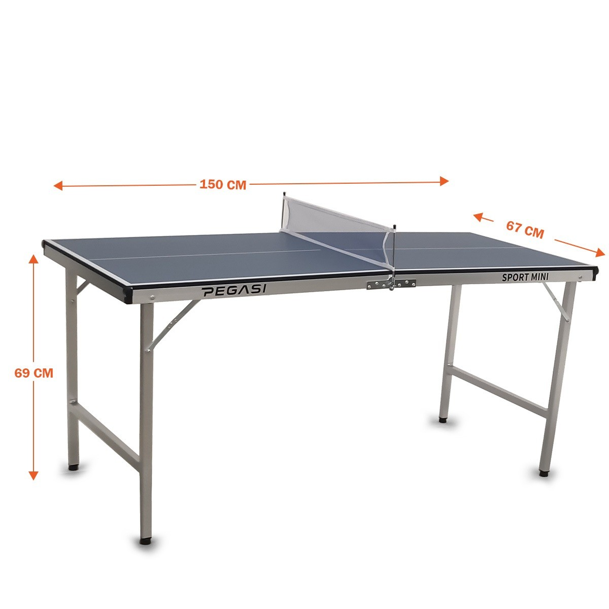 A blue and black table tennis table is shown. It has a net in the middle. Measurements are labeled: 150cm, 67cm, and 69cm.