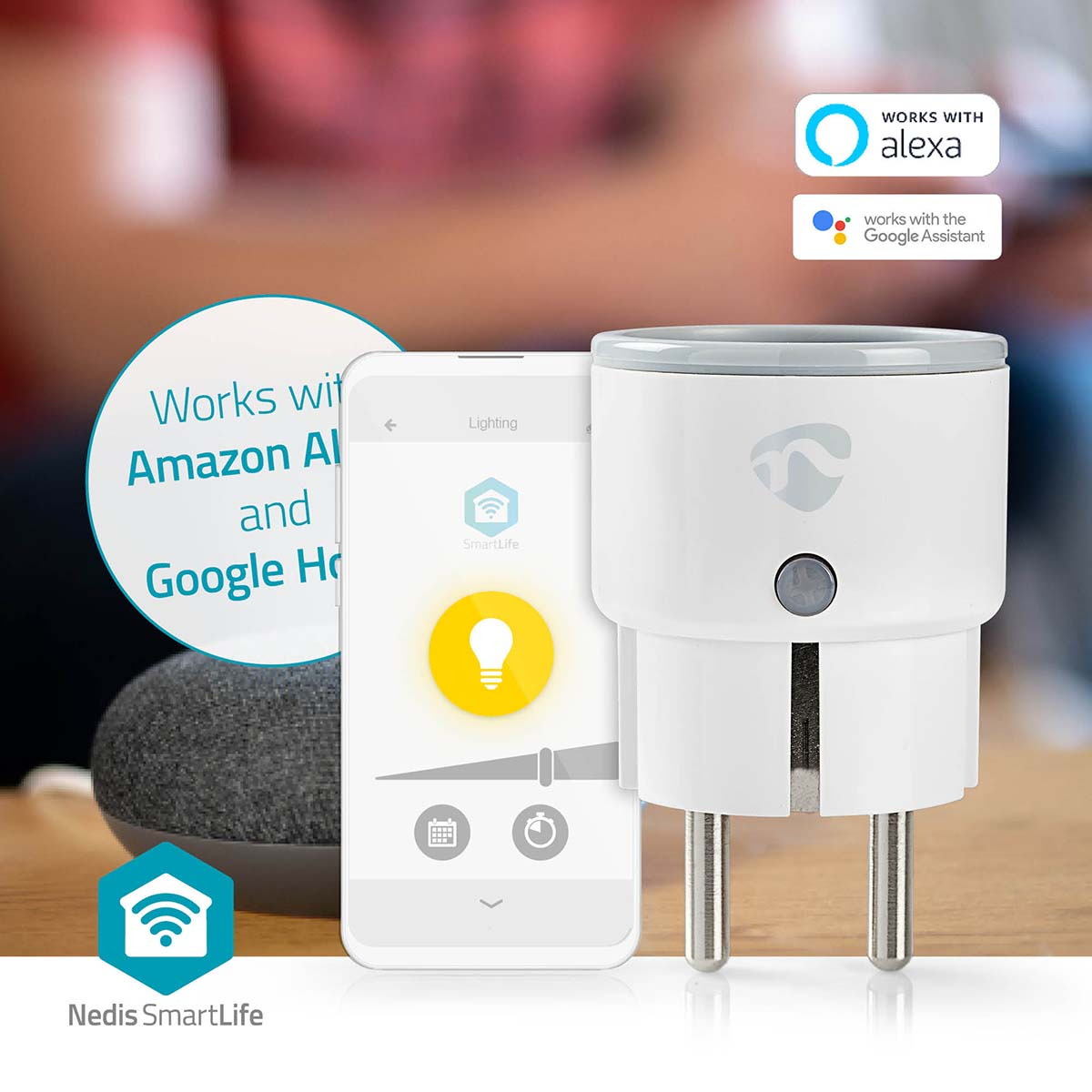 A white smart plug next to a phone displaying a lightbulb icon. It is compatible with Alexa and Google Assistant.