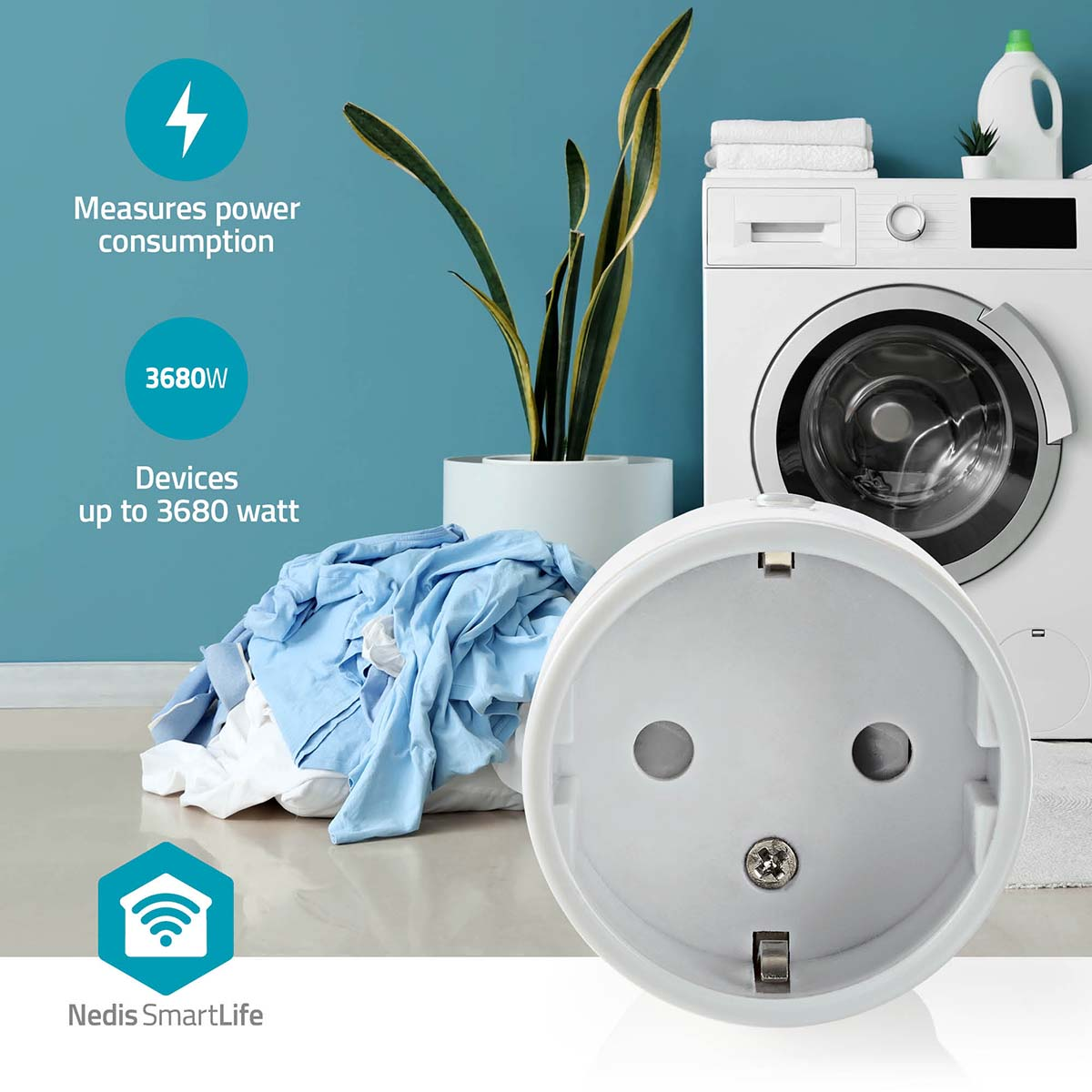 A white smart plug in focus. Background shows a washing machine, laundry, and a plant. Text indicates power consumption measurement.