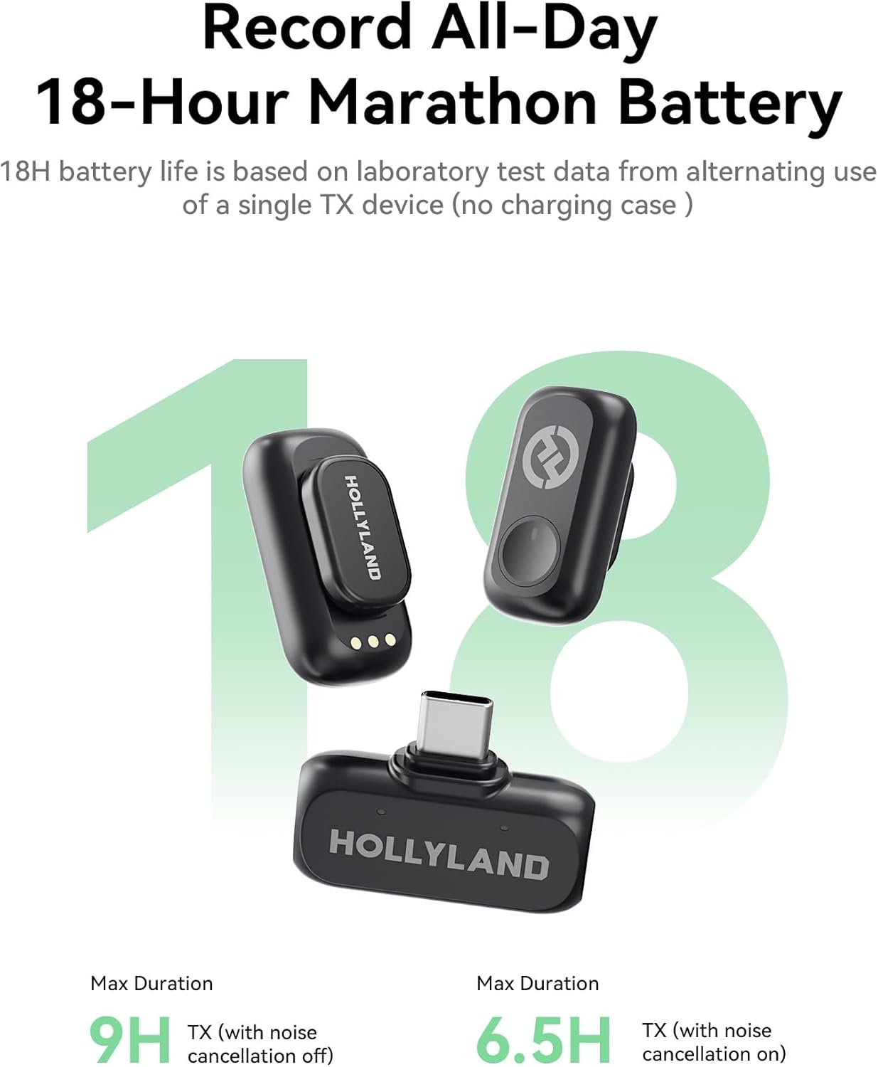 Tres dispositivos negros Hollyland, uno con conector USB-C. Texto: Batería maratón de 18 horas durante todo el día. Números: 9H y 6.5H.
