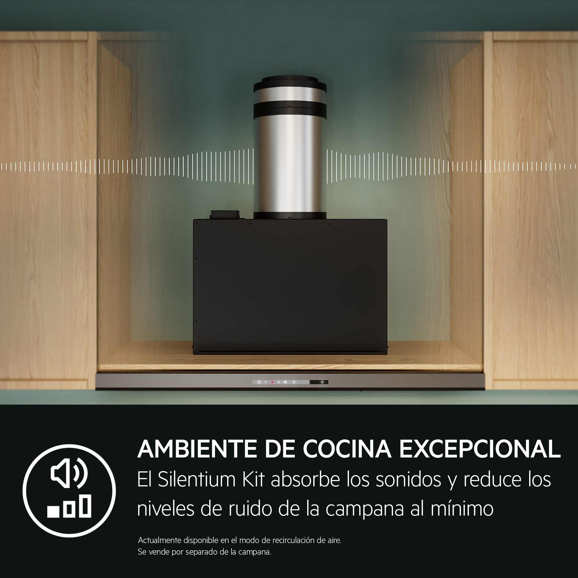 Okap kuchenny ze srebrnym walcem, czarną podstawą, wewnątrz drewnianych szafek. Tekst: Wyjątkowe środowisko kuchenne.