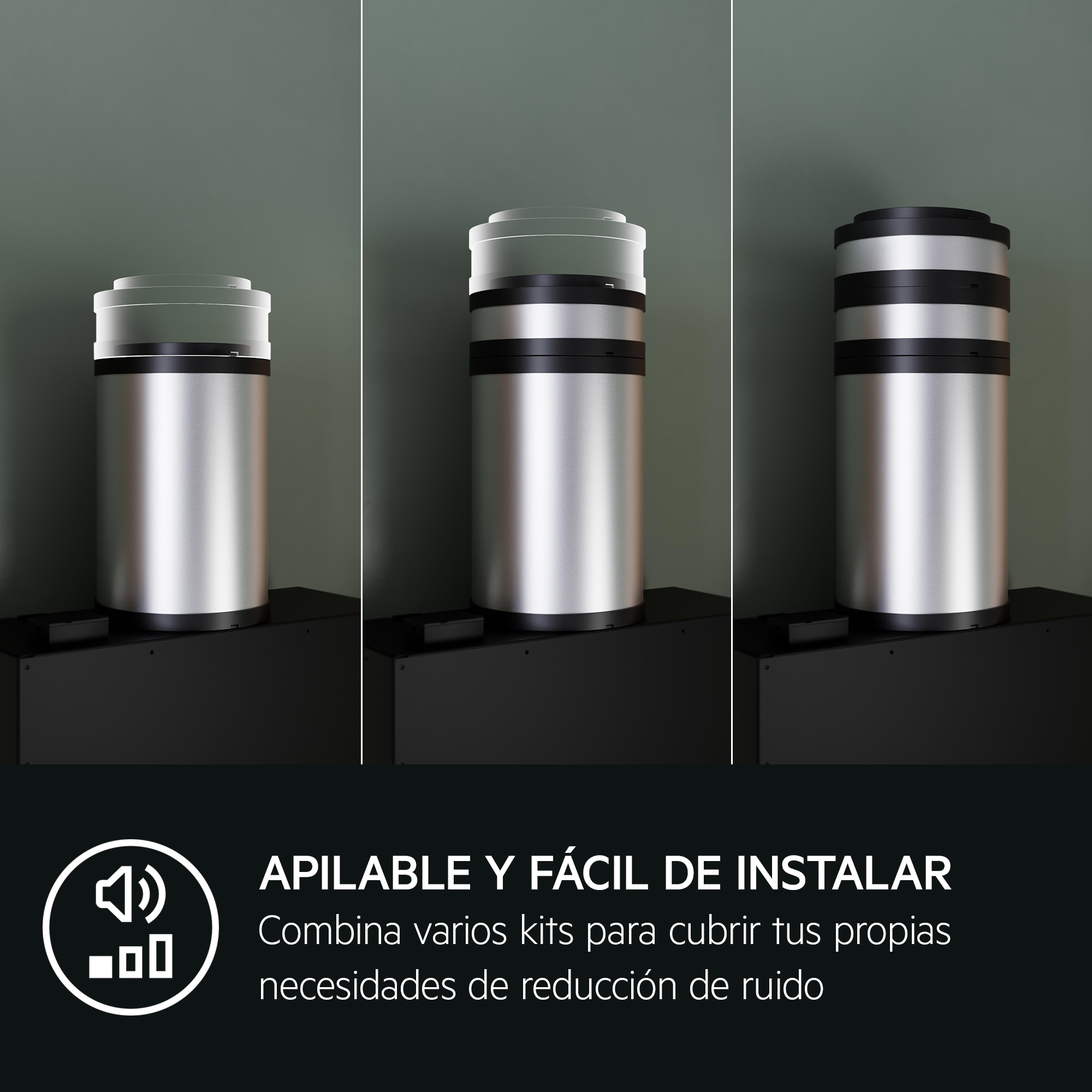 Trzy srebrne cylindry z czarnymi pasami na czarnych podstawach, na zielonym tle.