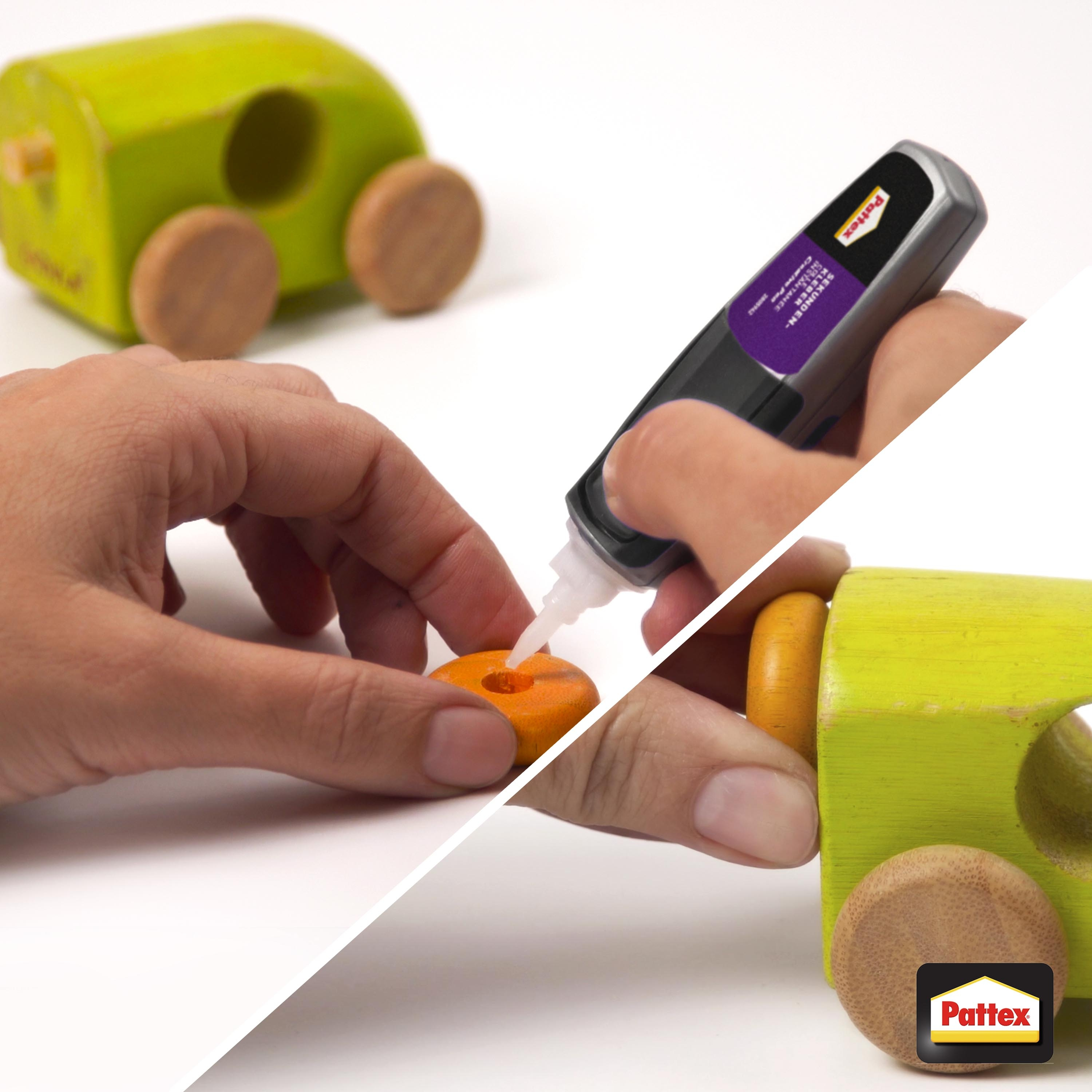 Eine Person klebt mit einem Pattex-Kleber ein Holzspielzeugrad. Grünes Spielzeugauto im Hintergrund.