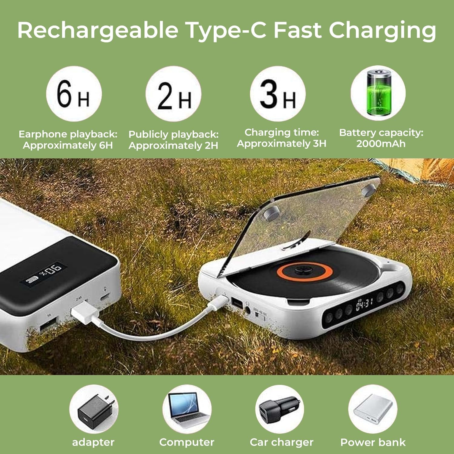 Das Bild zeigt ein weißes Gerät, das mit einer Powerbank verbunden ist. Informationssymbole zu Laden und Akkulaufzeit werden angezeigt.