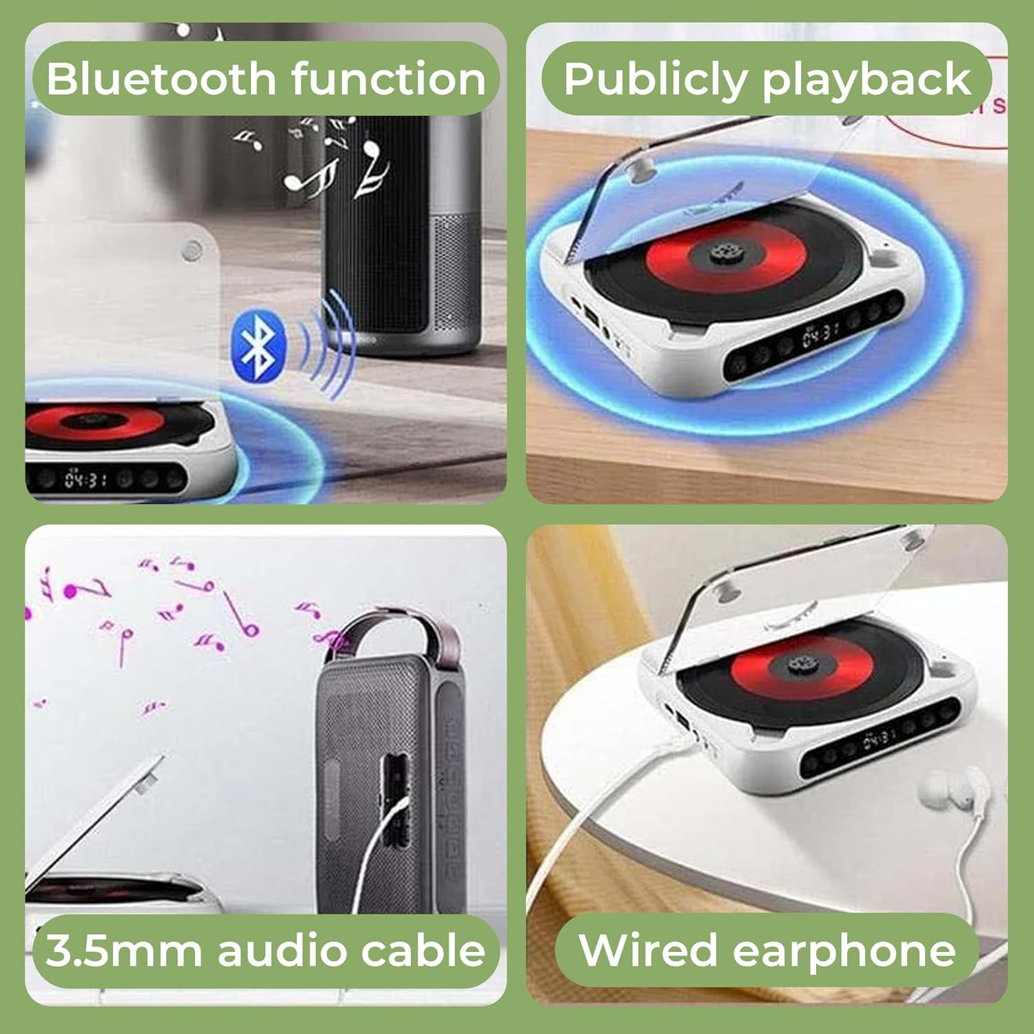 Vier Bilder, die Audio-Gerätefunktionen demonstrieren: Bluetooth, öffentliche Wiedergabe, 3,5-mm-Kabel und kabelgebundene Kopfhörer.