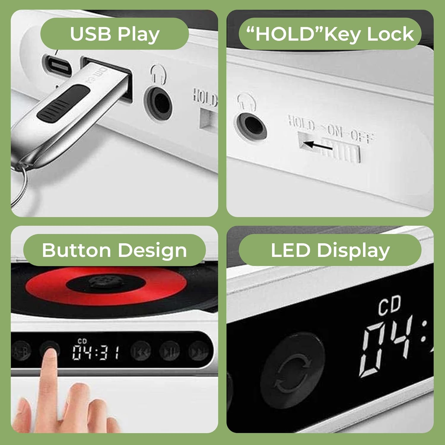Nahaufnahme eines CD-Players. Zeigt USB-Anschluss, Hold-Tastensperre, Tastenfeld und LED-Anzeige mit aktueller Zeit.