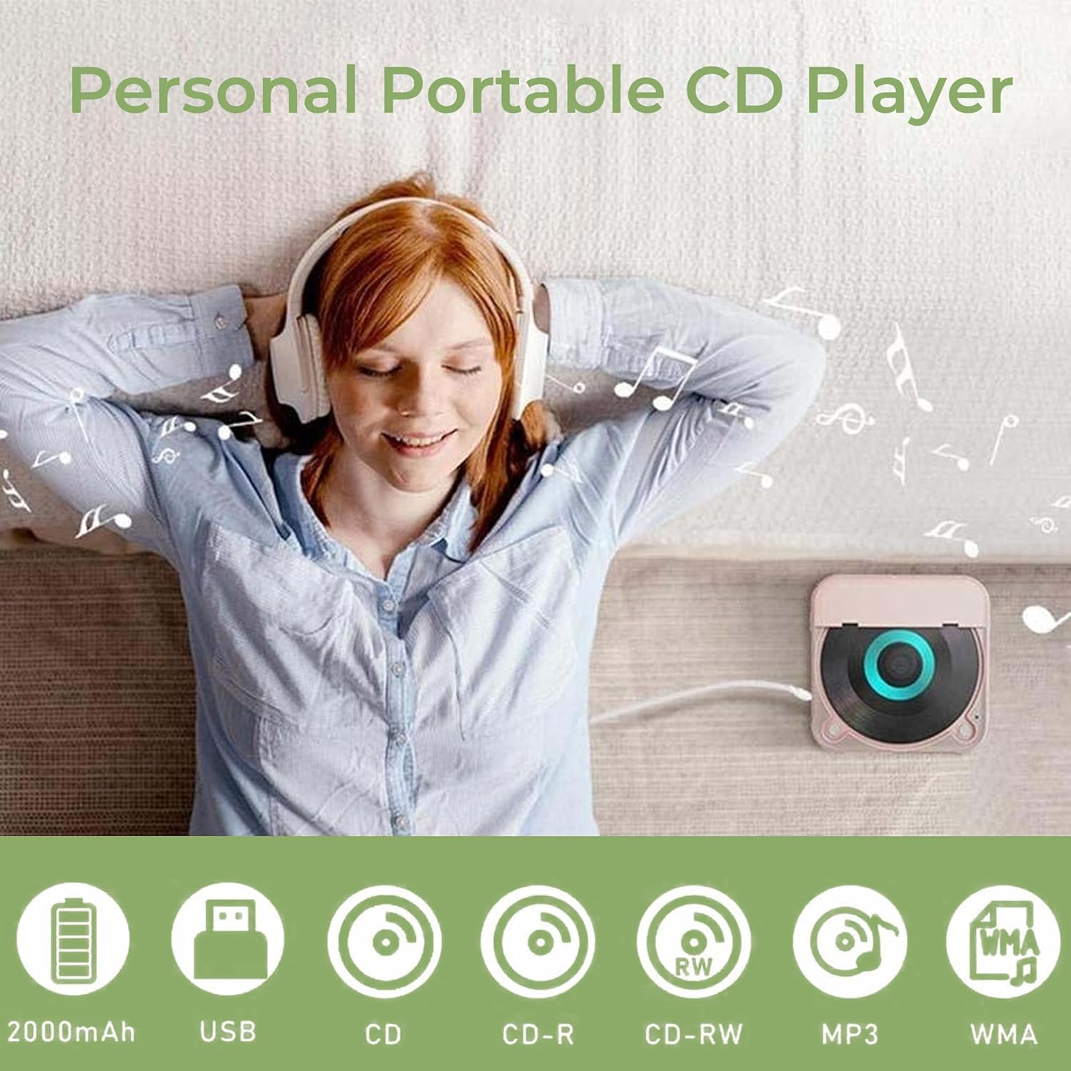 Eine Frau liegt mit Kopfhörern und hört Musik. Neben ihr befindet sich ein tragbarer CD-Player. Musiknoten schweben um die Szene.