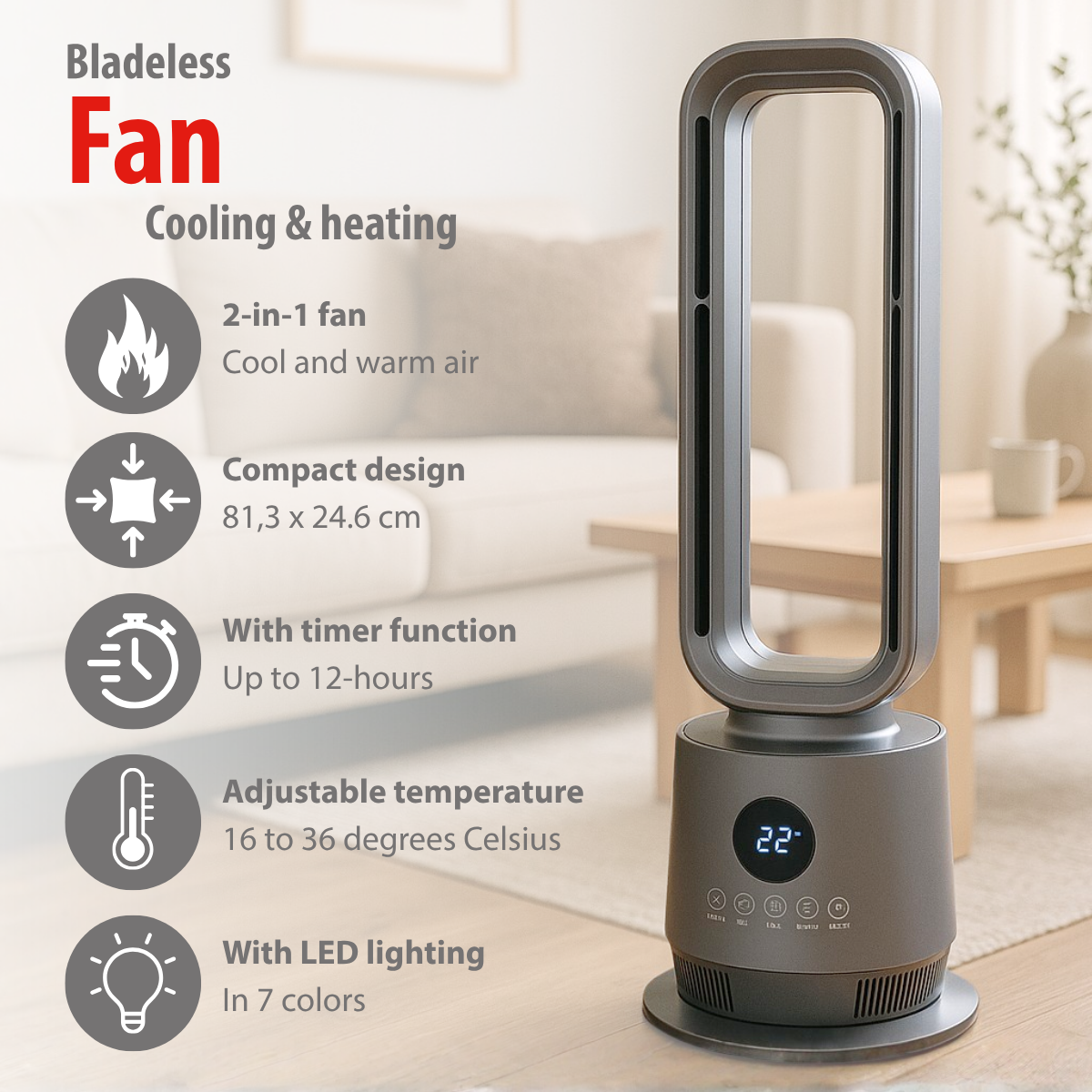 Un ventilateur sans pales. Il a des fonctions de refroidissement et de chauffage. Avec affichage numérique 22. Minuteur et éclairage LED.