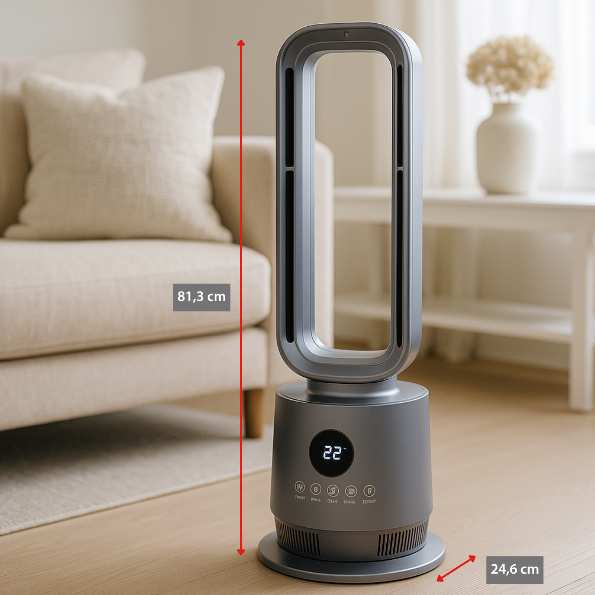 Un purificateur d'air gris avec un affichage numérique indiquant 22. Un canapé beige en arrière-plan. Une table blanche avec un vase est également visible.