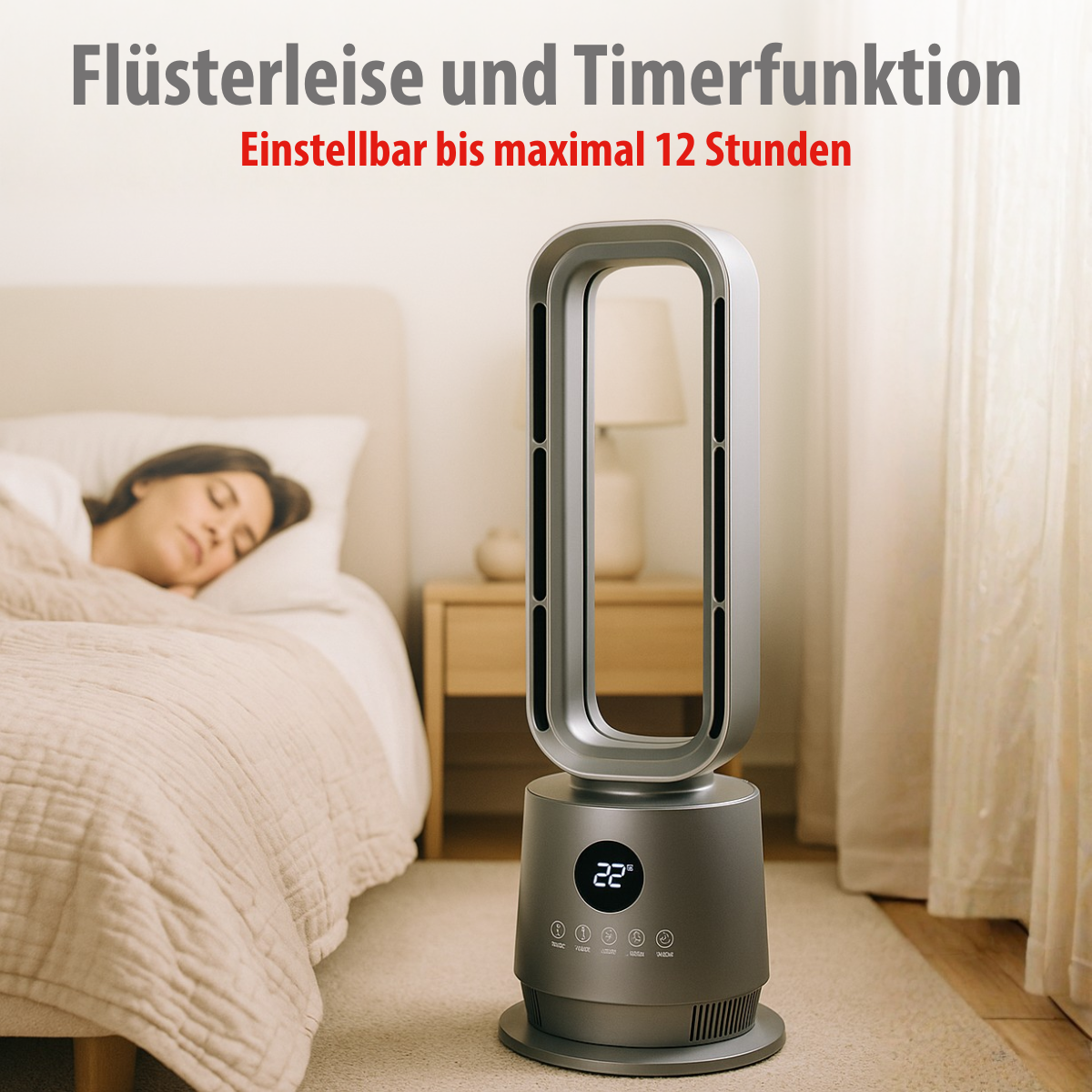 Une femme dort dans son lit. Un ventilateur gris est par terre. Texte : 'Fonction silencieuse et minuterie'.